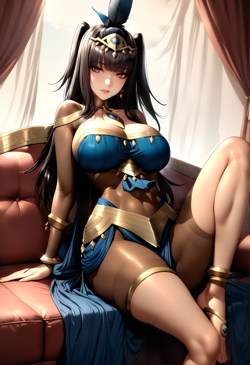 RisaHamazak1, brown hair, long hair, brown eyes, hoop earrings, forehead, large breasts, harem_outfit,navel, necklace, pelvic_curtain,revealing_clothes, gold accessories, smile, looking at viewer, 1girl, solo, indoors, exposed belly, exposed navel, exposed midriff, exposed lower belly