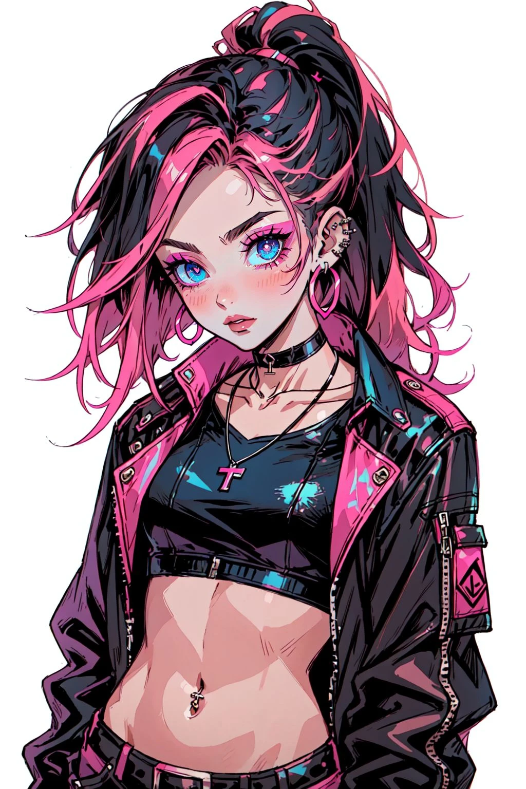 GothlyConcepts, 1girl, solo, long hair, looking at viewer, blush, blue eyes, simple background, black hair, white background, navel, jewelry, jacket, upper body, ponytail, pink hair, red hair, multicolored hair, earrings, open clothes, choker, midriff, necklace, two-tone hair, open jacket, lips, black jacket, crop top, makeup, black choker, piercing, ear piercing, hoop earrings, leather, leather jacket, masterpiece, best quality , official art ,  <lora:GothConceptV2:0.8>