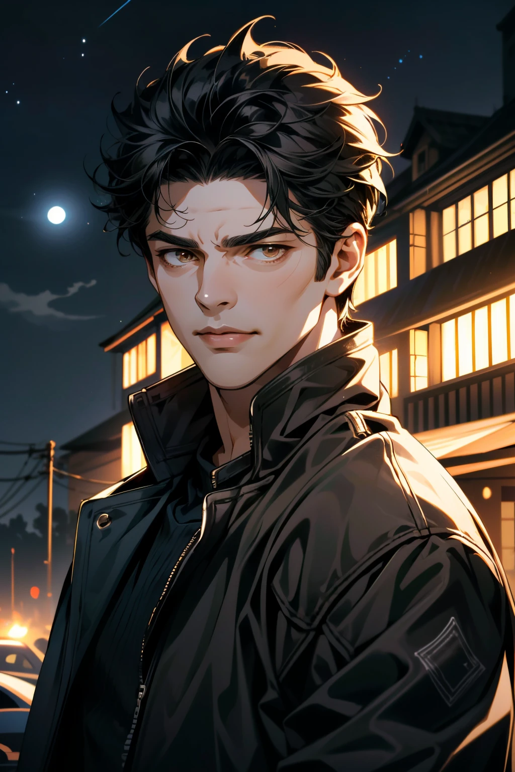 ((ultra detailed, masterpiece, absurdres))
 <lora:TBBButcher:0.8>
TBBButcher, 1boy, short hair, black hair, brown eyes, leather jacket, Moonlit Night Sky