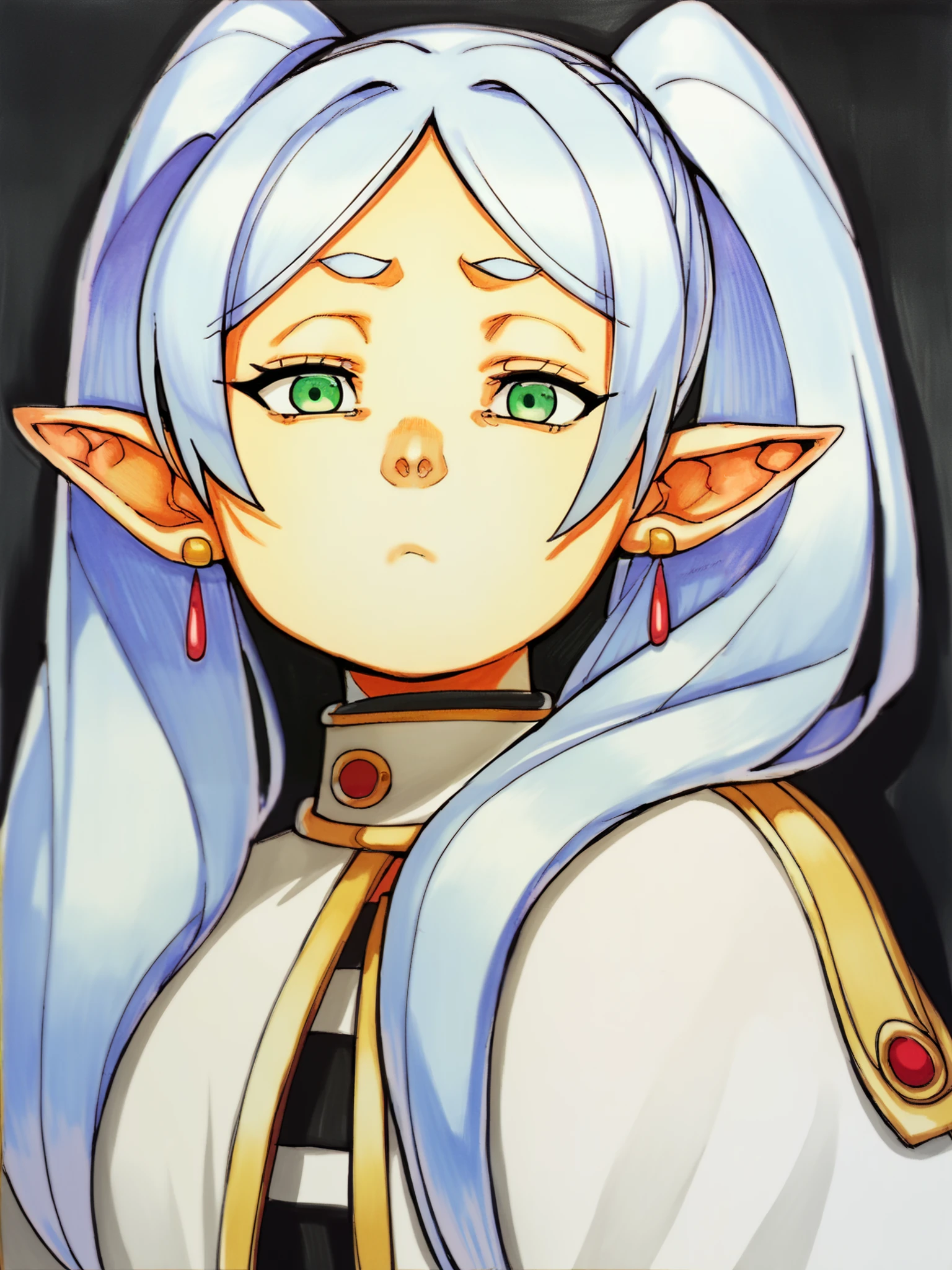 score_9, score_8_up, score_7_up, score_6_up, score_5_up, score_4_up, BREAK, source_cartoon, source_anime, 1girl, frieren, green eyes, grey hair, twintails, pointy ears, eyebrows, white capelet with long sleeves, earrings,
solo, expressionless, upper body, looking at viewer, white background, marker \(medium\), traditional media <lora:FrierenXL:1> <lora:OmarDogantXL:1>