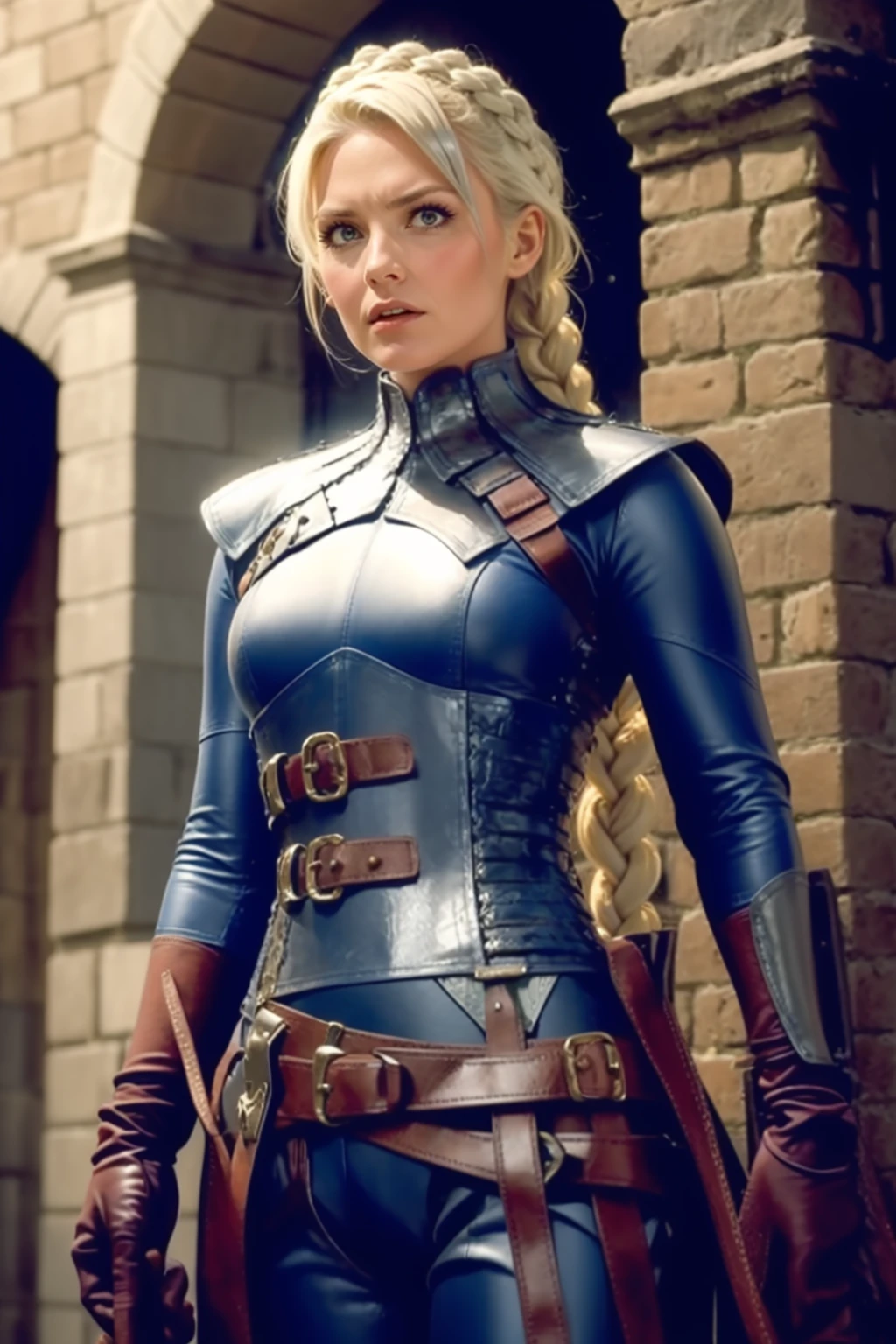 adult beautiful woman, high quality, best quality, highres, high detail, Artoria Pendragon: Short blond hair, (blue and silver themed) armor, medieval English fashion, angry expression, platinum blonde braid, m0rds1th, buckles, straps, (very long single braid), gloves, blonde hair <lora:Outfit_lots-MordSith:0.8>, contrapposto, large breasts,