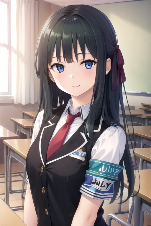 ((masterpiece)),(best quality),official art,extremely detailed CG,unity 8k wallpaper,ultra detailed,beautiful detailed eyes,extremely detailed face,classroom,1girl,solo,upper body,(portrait:1.5),looking at viewer,facing viewer,smile,Hayami Shizuno(hscweys),very long hair,black hair,straight hair,shiny hair,hair ribbon,blue ribbon,blue eyes,sidelocks,blunt bangs,black vest,wing collar,red necktie,dress shirt,white shirt,collared shirt,armband,short sleeves,medium breasts,miniskirt,pleated skirt,plaid skirt,black pantyhose,loafers,<lora:Hayami Shizuno(hscweys)>,