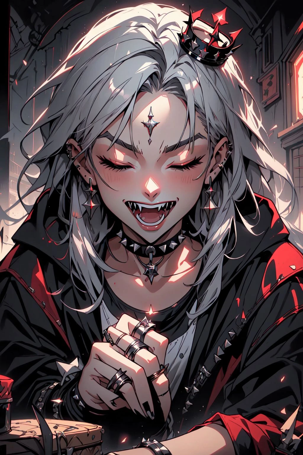 GothlyConcepts, 1girl, solo, long hair, smile, open mouth, shirt, jewelry, jacket, closed eyes, grey hair, teeth, choker, bracelet, fangs, ring, crown, black nails, spikes, messy, sketchy, rough, foreshortening, cinematic angle, cinematic lighting, masterpiece, best quality , official art ,  <lora:GothConceptV2:0.8>