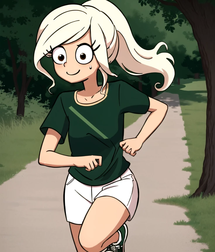 extremely detailed,absurdres,highres,ultra detailed, vibrant colors, 1girl,  <lora:cocov3:0.7>, solo, (coco), brown eyes, dark_skin, dark_skinned_female,  long hair, smile, blonde hair, shirt, ponytail, short sleeves, shoes, shorts, sneakers, running, white shorts, depth of field,  green shirt, cowboy shot, looking at viewer, sweating, forest, trees,