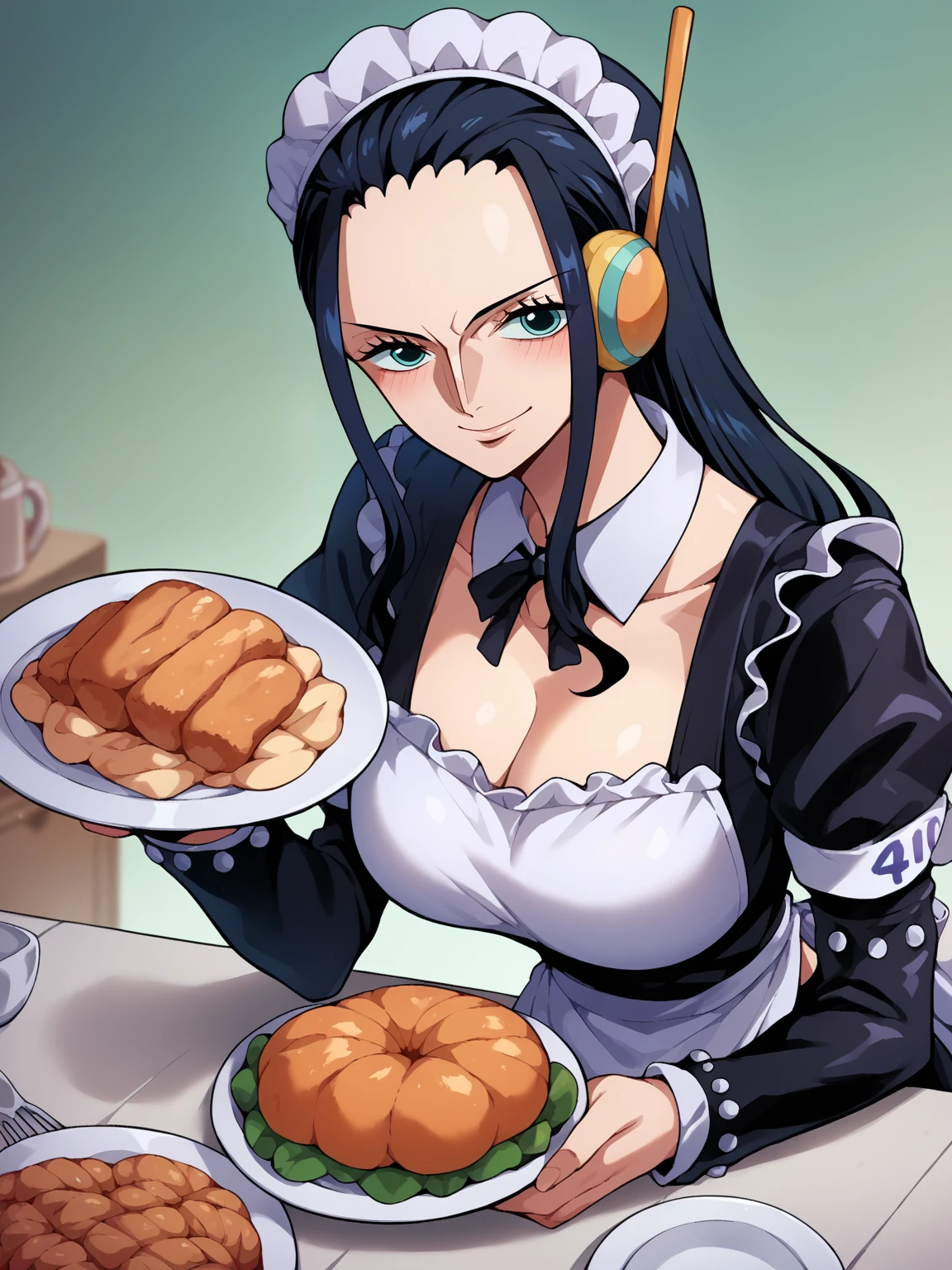 ((masterpiece, best quality, highres, UHD, perfect pixel, depth of field, 8k, RTX, HDR)), BREAK, 1girl, single, solo, beautiful anime girl, beautiful artstyle, anime character, ((long hair, blue hair)), (purple:1.4, rounded eyes, beautiful eyelashes, realistic eyes),big breast, without clothes wearing only a white apron, covered in sweat, blushing, with a smile, BREAK, holding a bitten bread in the hand, sexy pose in a pastry shop with shelves with a lot of bread.