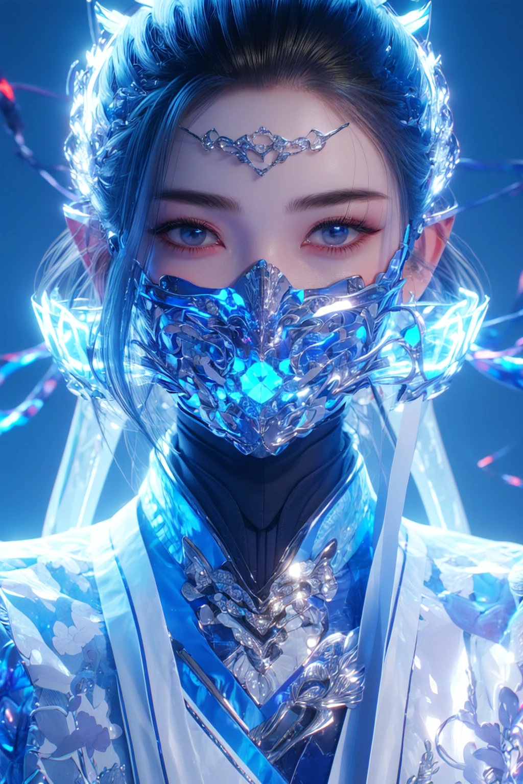 colorful, neon lights, Cyberpunk beauty ,1girl ,blue eyes, blue fire ,building ,covered mouth ,crystal ,earrings ,eyebrows ,face ,gem ,glowing ,jewelry ,looking at viewer, magic ,magic circle, mask ,mouth veil ,open book ,pointy ears, portrait, sky ,solo, white hair ,cyberpunk, 3d, neon light, Bagua ,Tai Chi, future technology ,glow, glow effect ,high detail, best quality ,Tang Dynasty clothing, hanfu