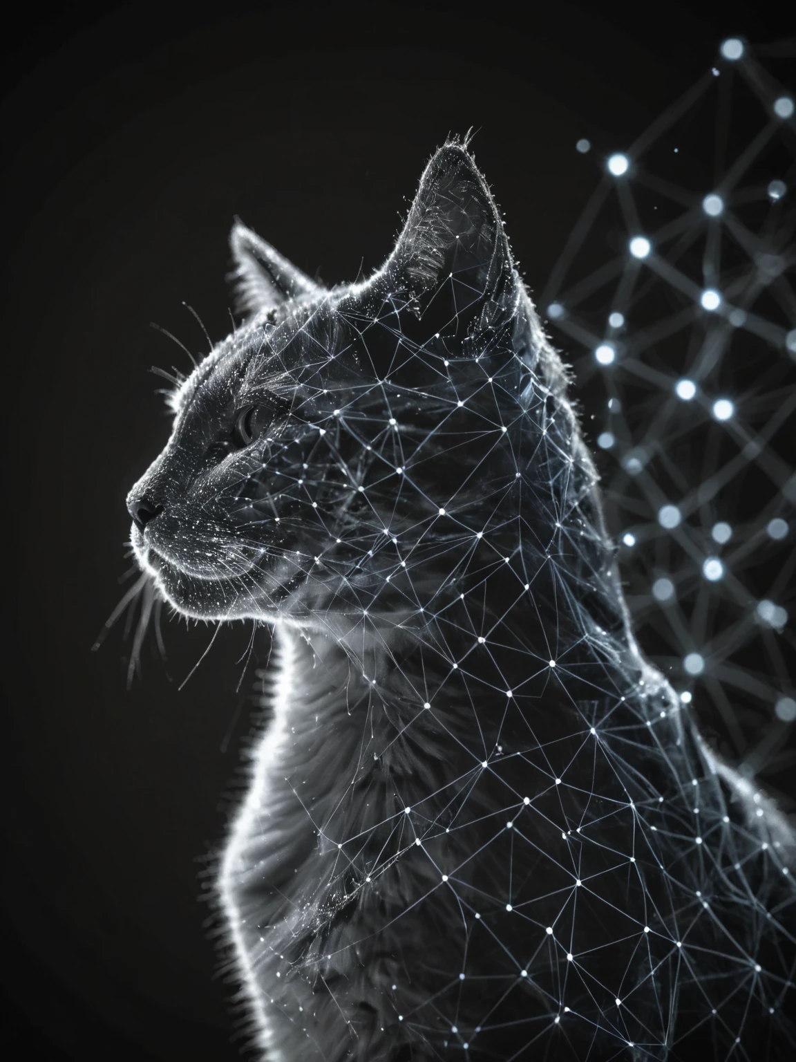 dataviz style, black and white network data visualization in the shape of a cat, masterpiece , hyper detailed, unreal engine, blue tones, stars <lora:dataviz_style_xl_v1:1>