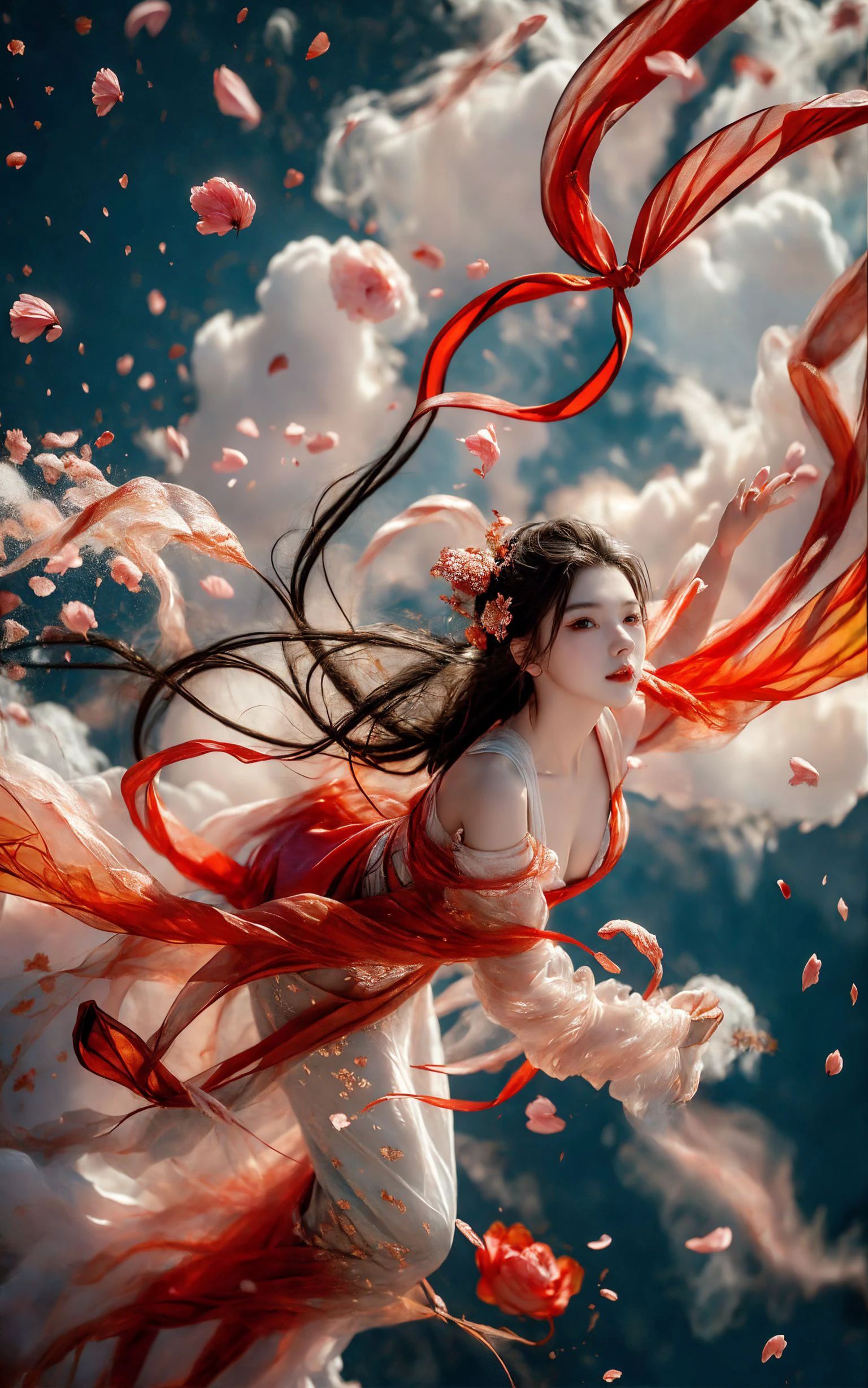 xuer Fairy in Clouds,Clouds,Fog,smoke,(full body:1.1),Fly,(float,fall:1.4),Dynamic Angle,Perspective,
medium breasts,(Scattered petal:1.3),Cyan red ribbon,
<lora:~Q?-NN-NV3 xuer Fairy in Clouds:0.8>,long hair,