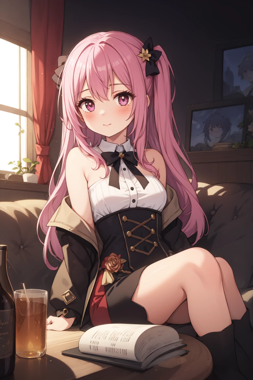 beste-Qualit、8K、4K、hight resolution、detaileds, (astolfo)、qx、Dine at a restaurant in a bright amusement park、Long braids、