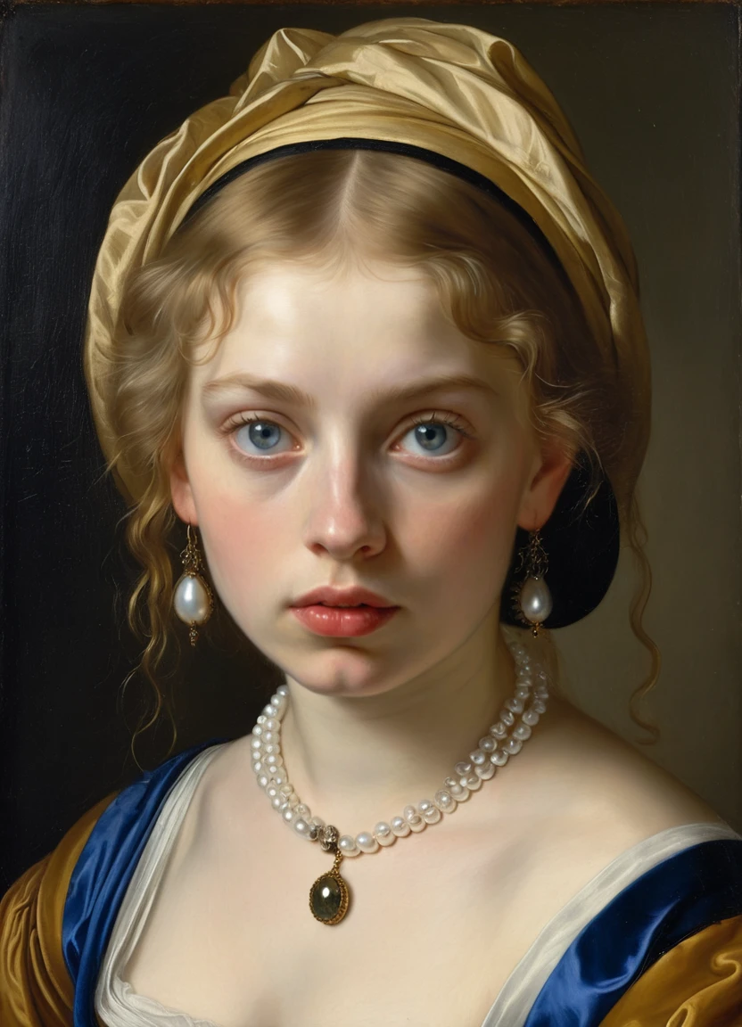 oil painting of1girl, jewelry, pearl necklace, earrings, blue eyes, silk, blonde hair, spider web, realistic, lips, gem, portrait, hair ornament, bug, lace, eyelashes, by Rembrandt, Caravaggio, Artemisia Gentileschi, Diego Velázquez, Frans Hals, Peter Paul Rubens, and Johannes Vermeer
<lora:fflixbar-000018:1>