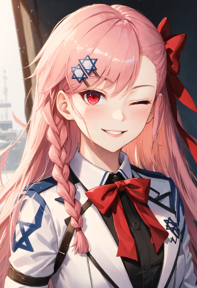 best quality, masterpiece, highres, solo, {negev_girlsfrontline:0.90}, smile, happy, one_eye_closed, portrait, looking at viewer