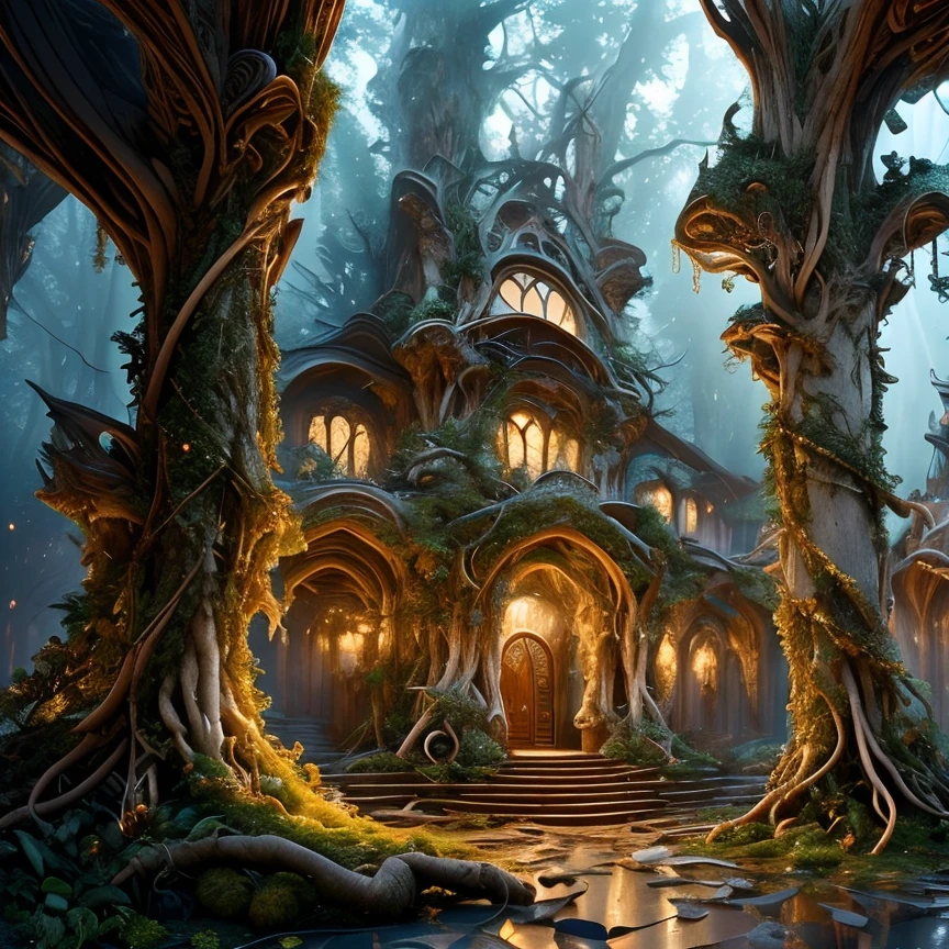 (masterpiece:1.2), (best quality,:1.2), 8k, HDR, ultra detailed, ((photorealistic)), professional light, cinematic lighting, fashion photography, ambient lighting, atmospheric effects, <lora:detail_slider_v4:3>, OverallDetail, a highly detailed WoodElf fantasy settlement, forest, castle, <lora:WoodElf-10:1>, style-sylvamagic, epiCPhoto