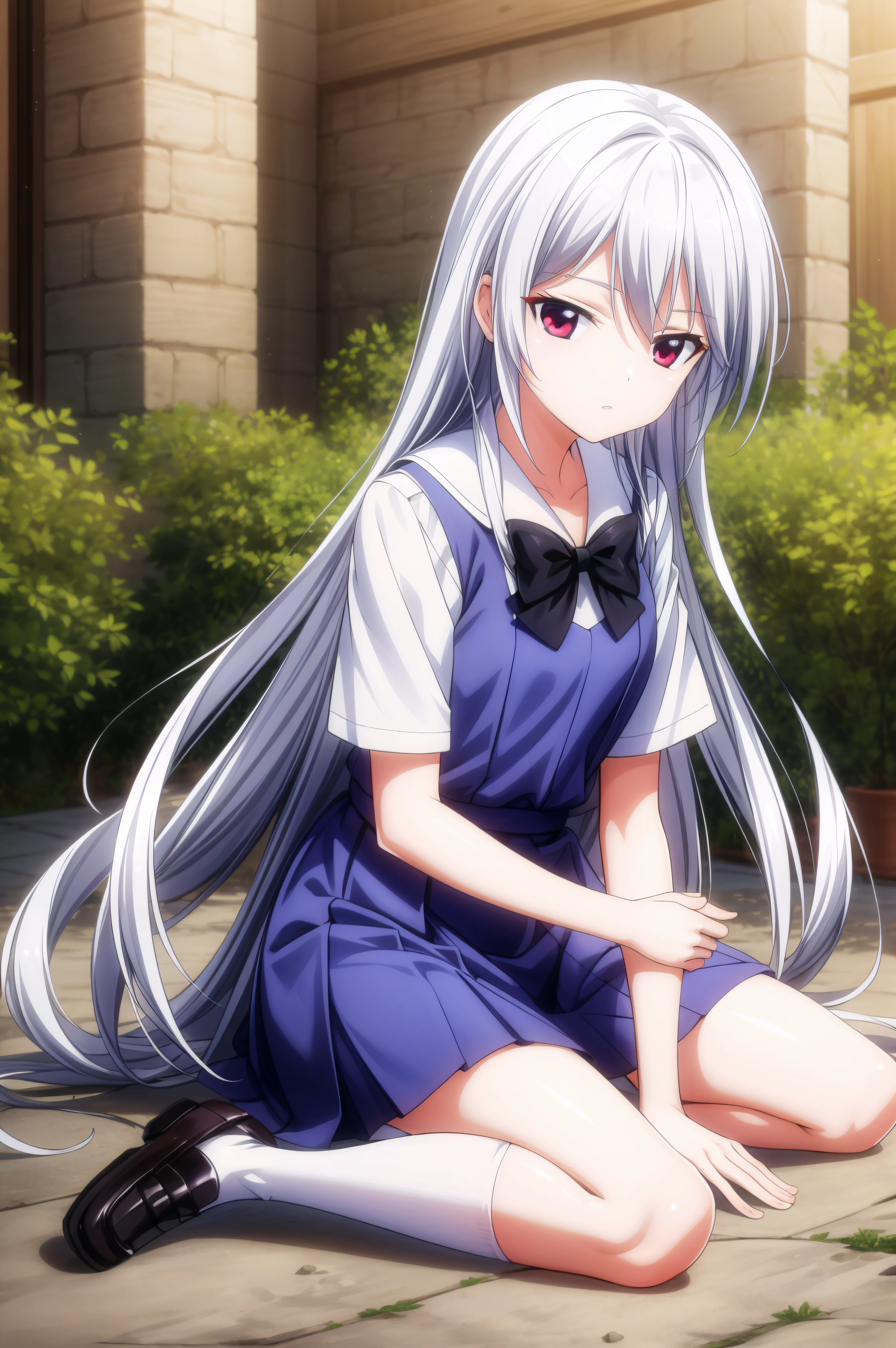 (masterpiece, best quality), <lora:kazuki kazami-lora-Faxtron:0.7> kazuki kazami, red eyes, white hair, very long hair, school uniform, blue dress, white shirt, short sleeves, black bow, white socks, shoes,
<lora:add_detail:0.8>,