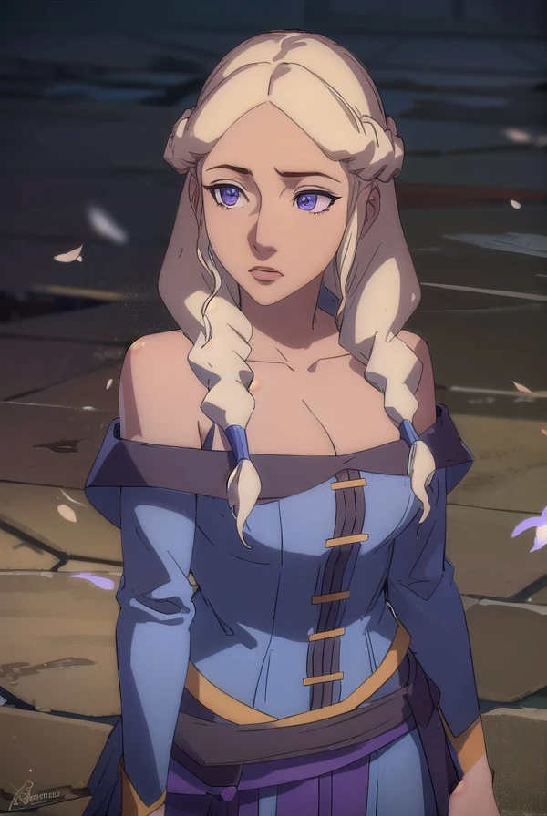 alluravysoren, <lora:allura vysoren-lora-nochekaiser:1>,
allura vysoren, long hair, blonde hair, braid, twin braids, (purple eyes:1.1),
BREAK dress, cleavage, bare shoulders, collarbone,
BREAK outdoors,
BREAK looking at viewer, (cowboy shot:1.5),
BREAK <lyco:GoodHands-beta2:1>, (masterpiece:1.2), best quality, high resolution, unity 8k wallpaper, (illustration:0.8), (beautiful detailed eyes:1.6), extremely detailed face, perfect lighting, extremely detailed CG, (perfect hands, perfect anatomy),