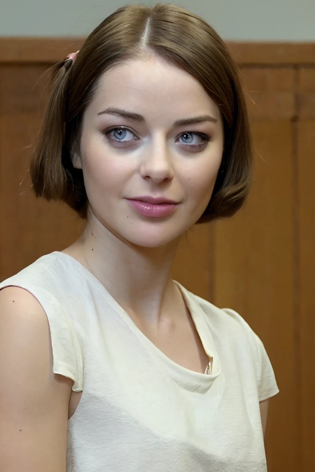best quality,masterpiece,realistic,1girl, youthful, rosy,solo,Short Bob hair,t-shirt, make up,smooth skin, Marina Aleksandrova, upper body, <lora:Marina Aleksandrova-V3:1>,simple background,