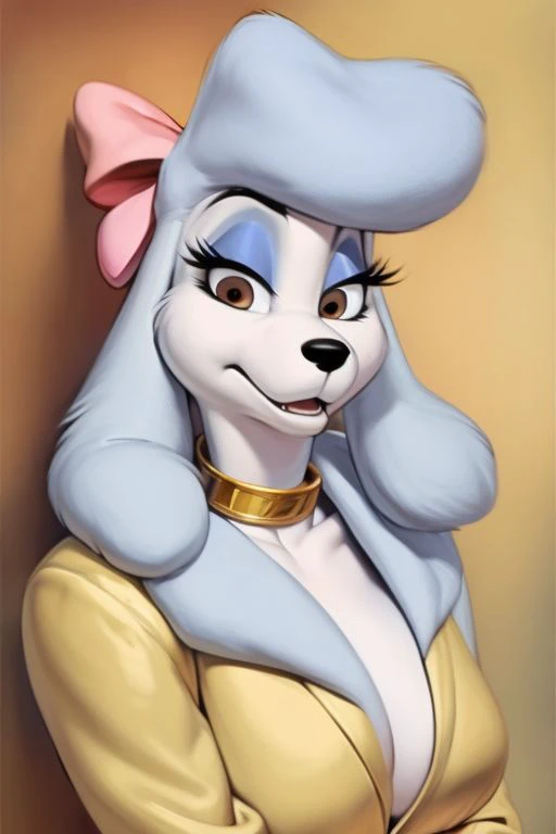 (by Meesh), (by darkgem:0.8), (by chunie:1), masterpiece,, detailed fur, portrait, viewer, (detailed pixar eyes:1.2), detailed eyes, female, anthro, <slora:add_detail:0.3> ((Georgette)), ((Poodle)), (Pink Bow, Gold Collar), (Brown eyes),(Power-suit, 80s suit), (Patrick Nagel) (Floppy ears, black nose)