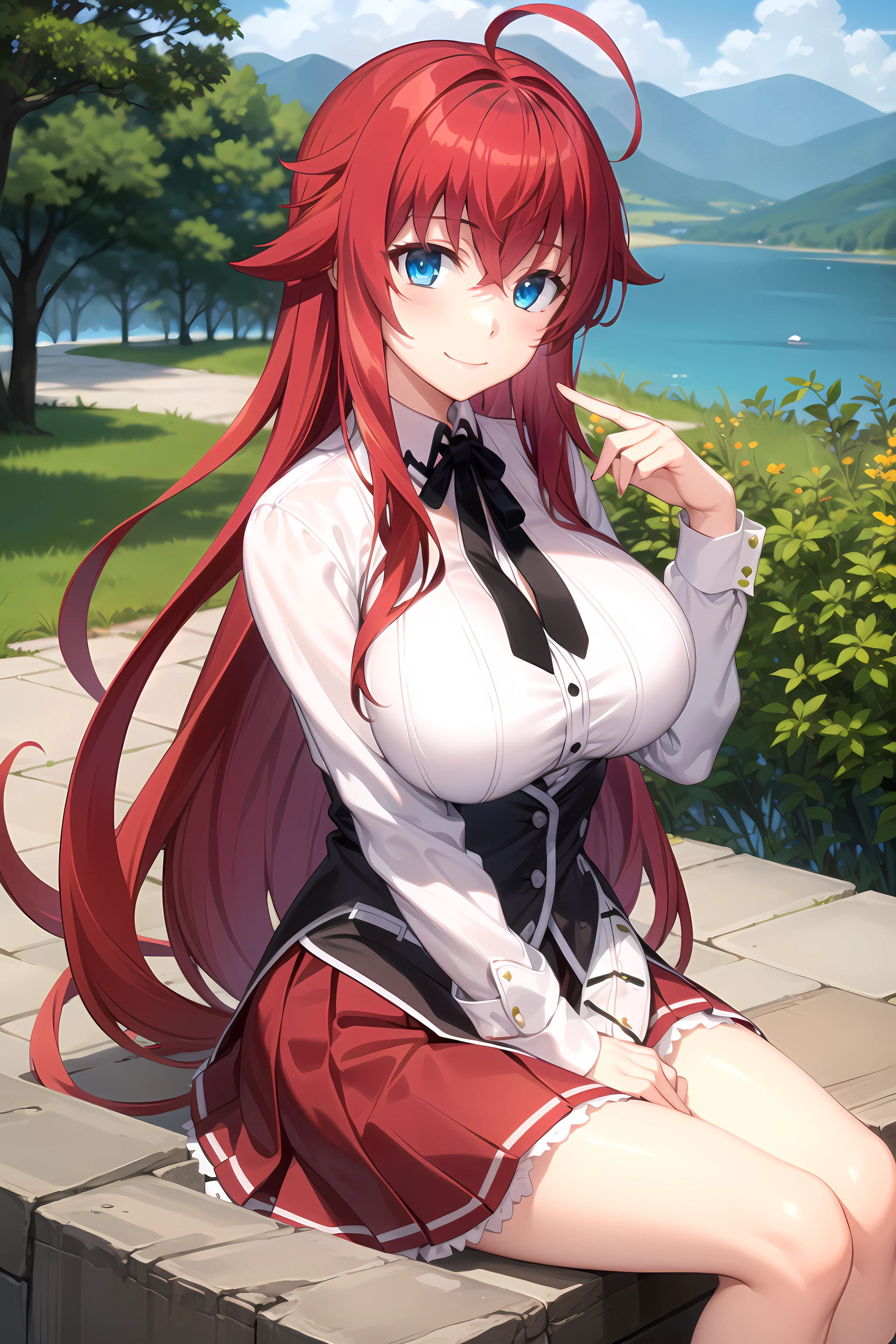 best quality, masterpiece, detailed,
<lora:HighSchoolDxD_RiasGremory:0.9>, RiasGremory,
1girl, closed mouth, smile, blush,
red hair, long hair, blue eyes, ahoge,
school uniform, striped shirt, neck ribbon, black ribbon, black corset, purple skirt, huge breasts,
sitting, looking at viewer,
forest, lake