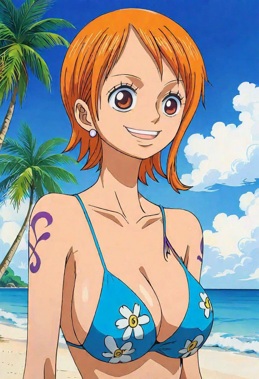 Nami by One Piece Cut hair Smiling in the beach