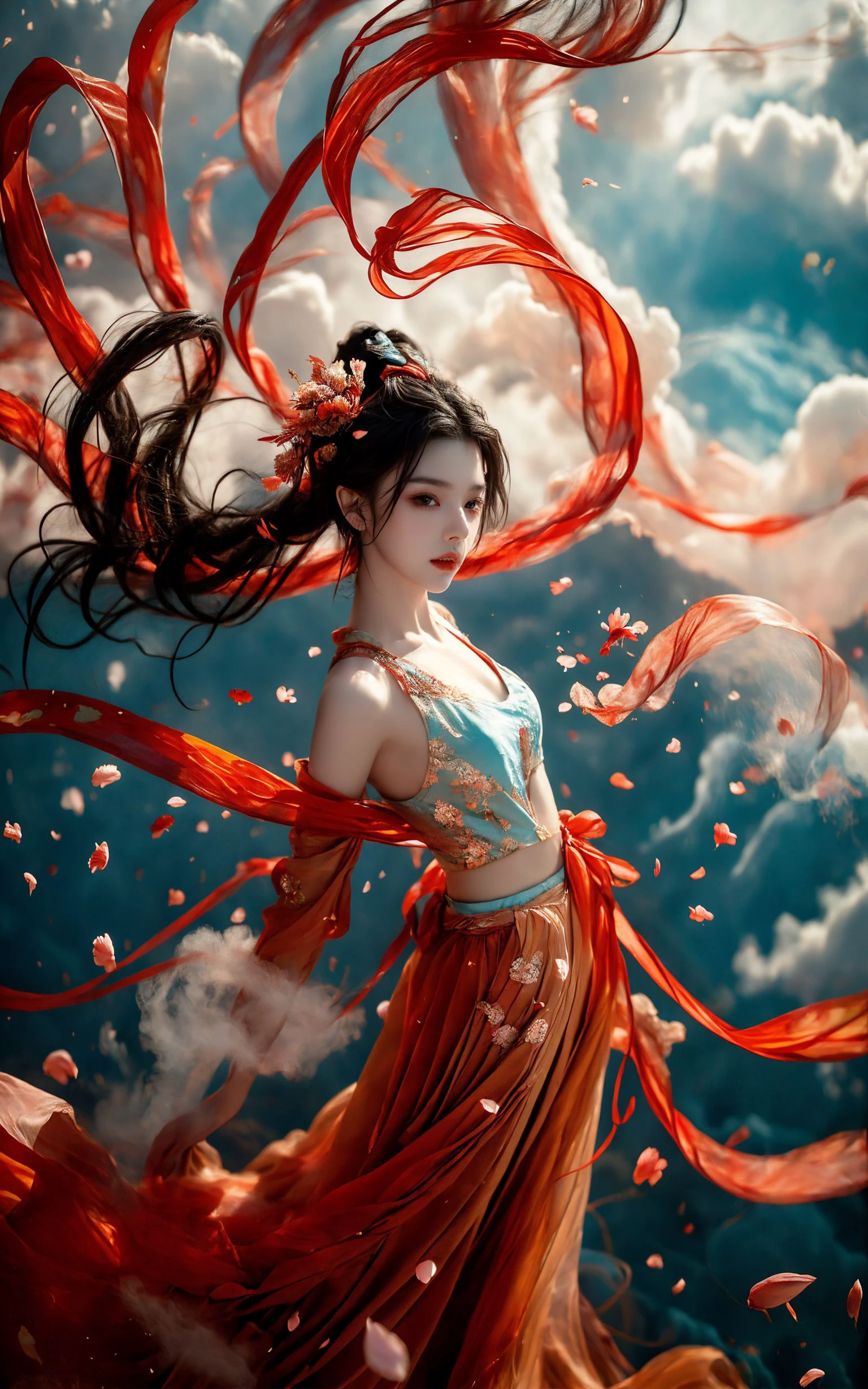 xuer Fairy in Clouds,Clouds,Fog,smoke,(full body:1.1),Fly,(float,fall:1.4),Dynamic Angle,Perspective,
medium breasts,(Scattered petal:1.3),Cyan red ribbon,
<lora:~Q?-NN-NV3 xuer Fairy in Clouds:0.8>,long hair,