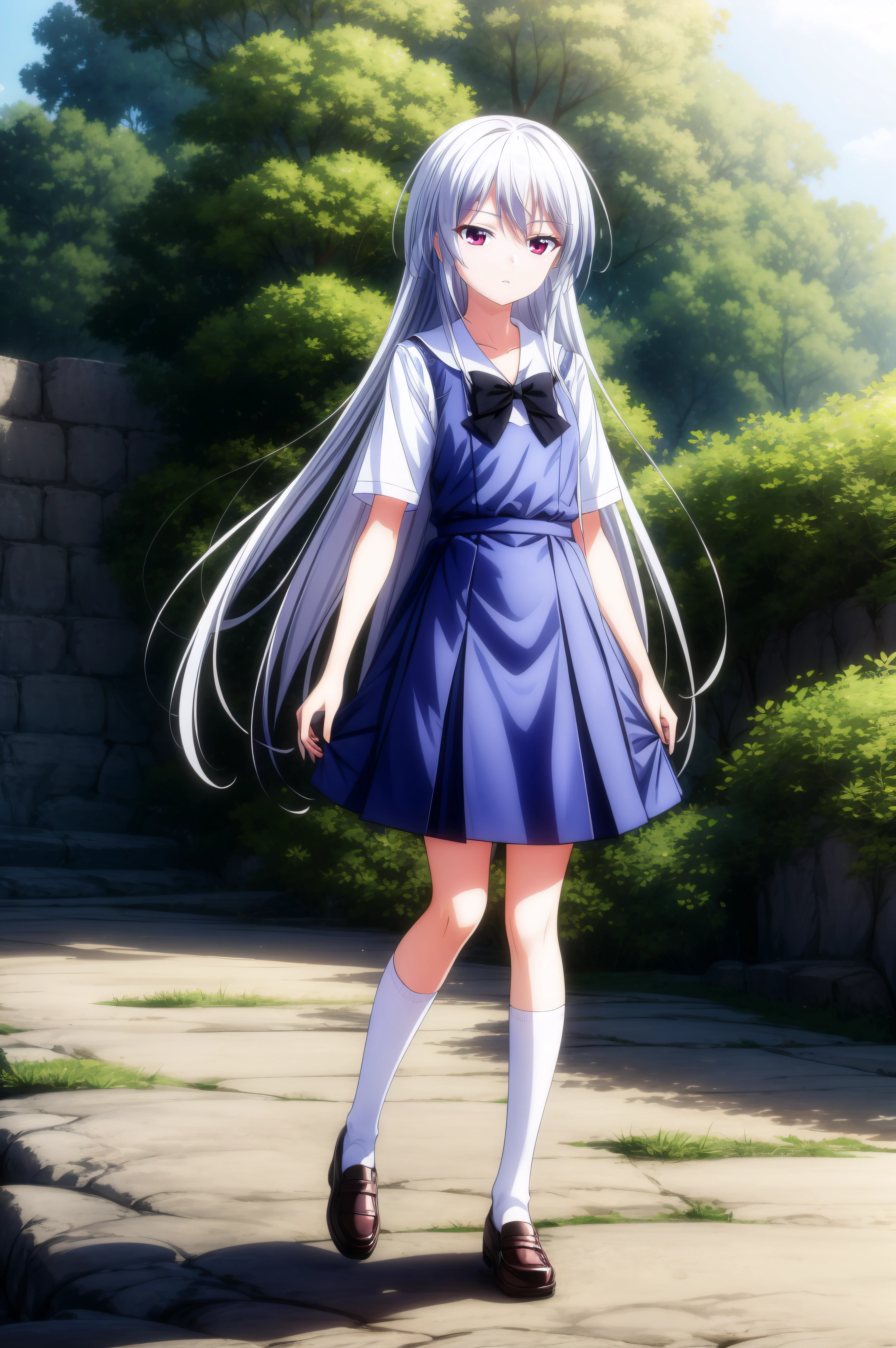 (masterpiece, best quality), <lora:kazuki kazami-lora-Faxtron:0.8> kazuki kazami, red eyes, white hair, very long hair, school uniform, blue dress, white shirt, short sleeves, black bow, white socks, shoes,
<lora:add_detail:0.8>,