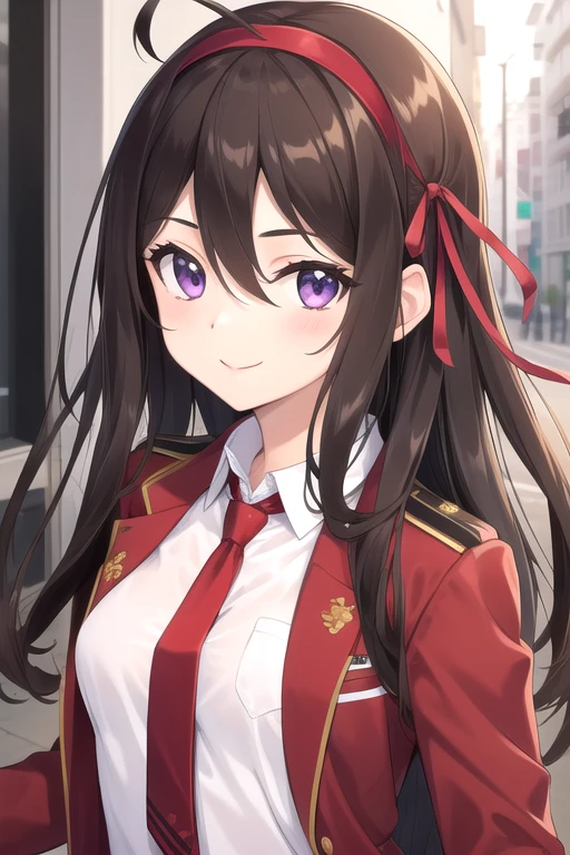 ((masterpiece)),(best quality),official art,extremely detailed CG,unity 8k wallpaper,ultra detailed,beautiful detailed eyes,extremely detailed face,street,1girl,solo,upper body,(portrait:1.5),looking at viewer,facing viewer,smile,(petite:1.3),yuuouji ouka,very long hair,brown hair,floating hair,red hairband,hair ribbon,red ribbon,hair bow,sidelocks,hair between eyes,purple eyes,red jacket,open jacket,wing collar,collared shirt,white shirt,taut shirt,long sleeves,large breasts,plaid necktie,necktie between breasts,miniskirt,grey skirt,pleated skirt,zettai ryouiki,black thighhighs,boots,<lora:Yuuouji Ouka(noucome)>,