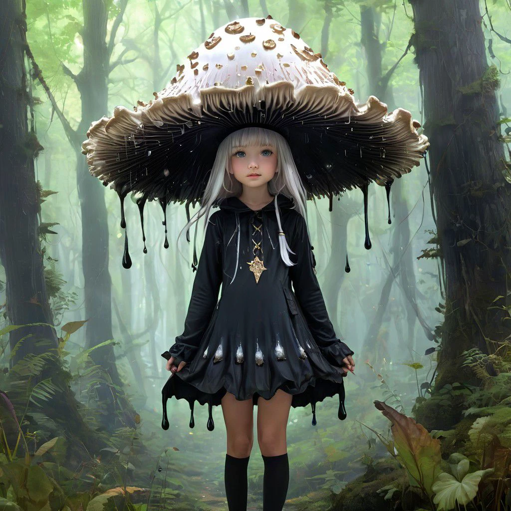 (("a cute witchgirl wearing a mushroom hat shaped like a coprinus_comatus with deliquescence drips")) in a supernatural forest,  beautiful digital illustration by yoshitaka amano, dan mumford, Nicolas delort, jeff koons, photorealism, crisp, UHD, fantasy, gorgeous linework, a complex and intricate masterpiece, cel-shaded, clean and sharp