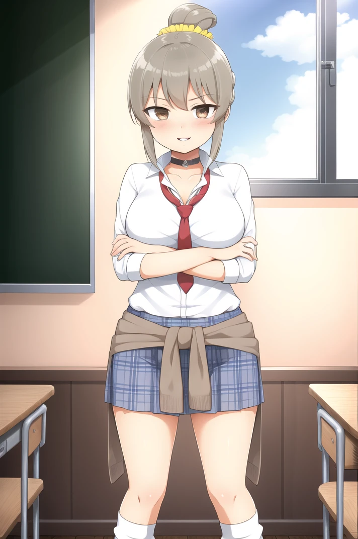 ((1 girl))、smile、small breastsのヌード、(cowboy shot)、(cardigan)、(blonde)、chest roll up clothes,pull clothes,((flat chest:1.3))、((I can see your nipples:1.5)),(), No bra, (black skirt),look down, ((classroom:1.5))Upper body,classroomのシャツロールアップシャツセーター高解像度,look down, Upper body,Fair skin,classroom,small breasts,shaved pussy、single braid