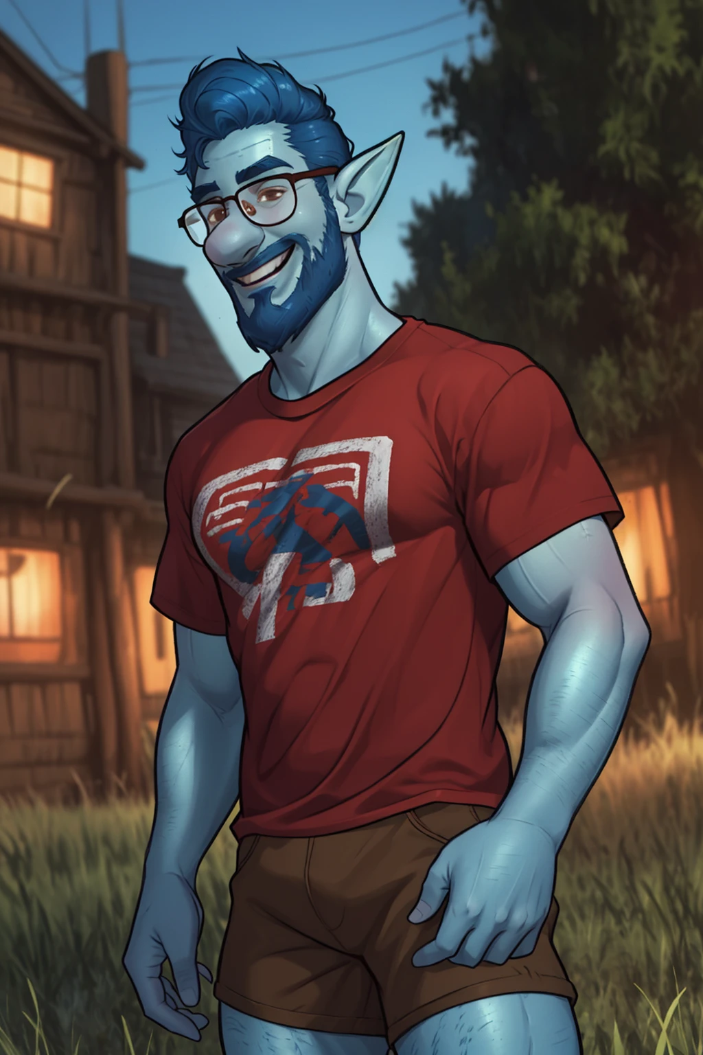 (1 image only),  solo male,  Wilden Lightfoot,  Pixar Animation Onward,  blue skin,  dark blue hair,  short hair,  brown eyes,  thick eyebrows,  pointy ears,  facial hair,  beard,  black-framed-glasses,  (red t-shirt:1.2),  khaki shorts,  mature,  bara,  dilf,  handsome,  charming,  alluring,  smile,  standing,  upper body,  perfect anatomy,  perfect proportions,  (best quality,  masterpiece),  (perfect eyes,  perfect eye pupil),  perfect hands,  high_resolution,  dutch angle,  cowboy shot,  green field,<lora:EMS-300322-EMS:0.700000>