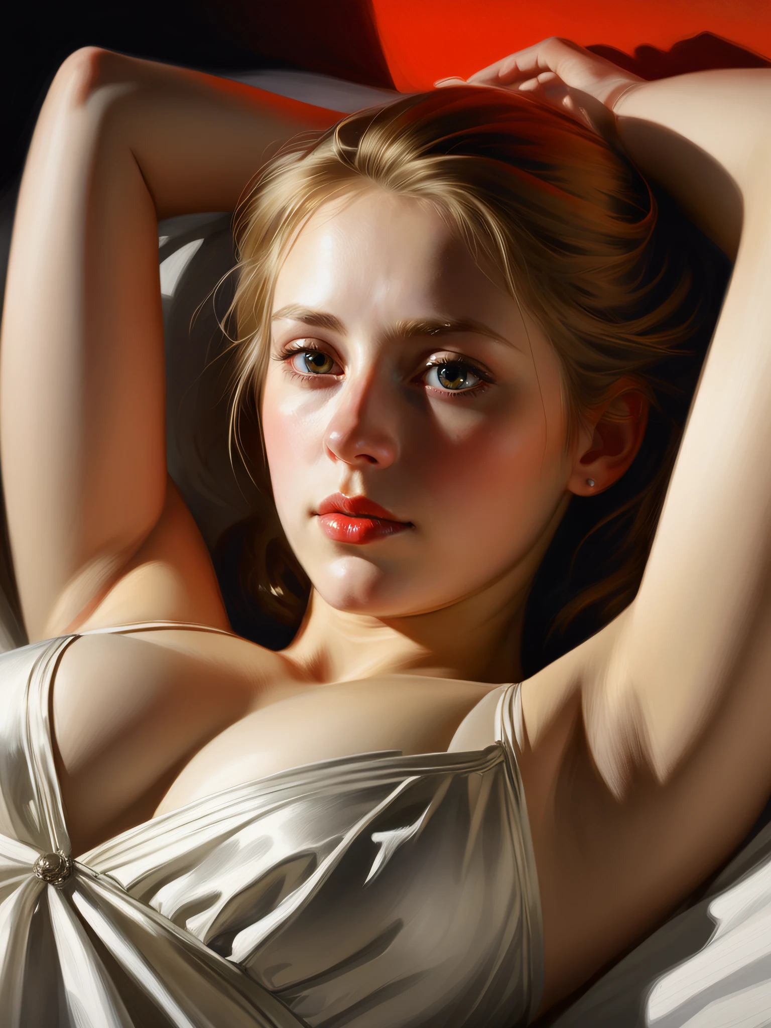 (masterpiece:1.1), (best quality:1.1), woman, photorealistic, real, close up, laying down, contrast lighting, by Anders Zorn