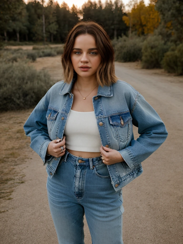 A beautiful j03yk woman,1girl,long hair,looking at viewer,blue eyes,brown hair,jacket,multiple boys,solo focus,pants,nail polish,sandals,denim,toenails,jeans,realistic,hands in pockets,toenail polish,soft lighting, professional Photography, Photorealistic, detailed, RAW, analog, sharp focus, 8k, HD, high quality, masterpiece<lora:j03yk:1.0>