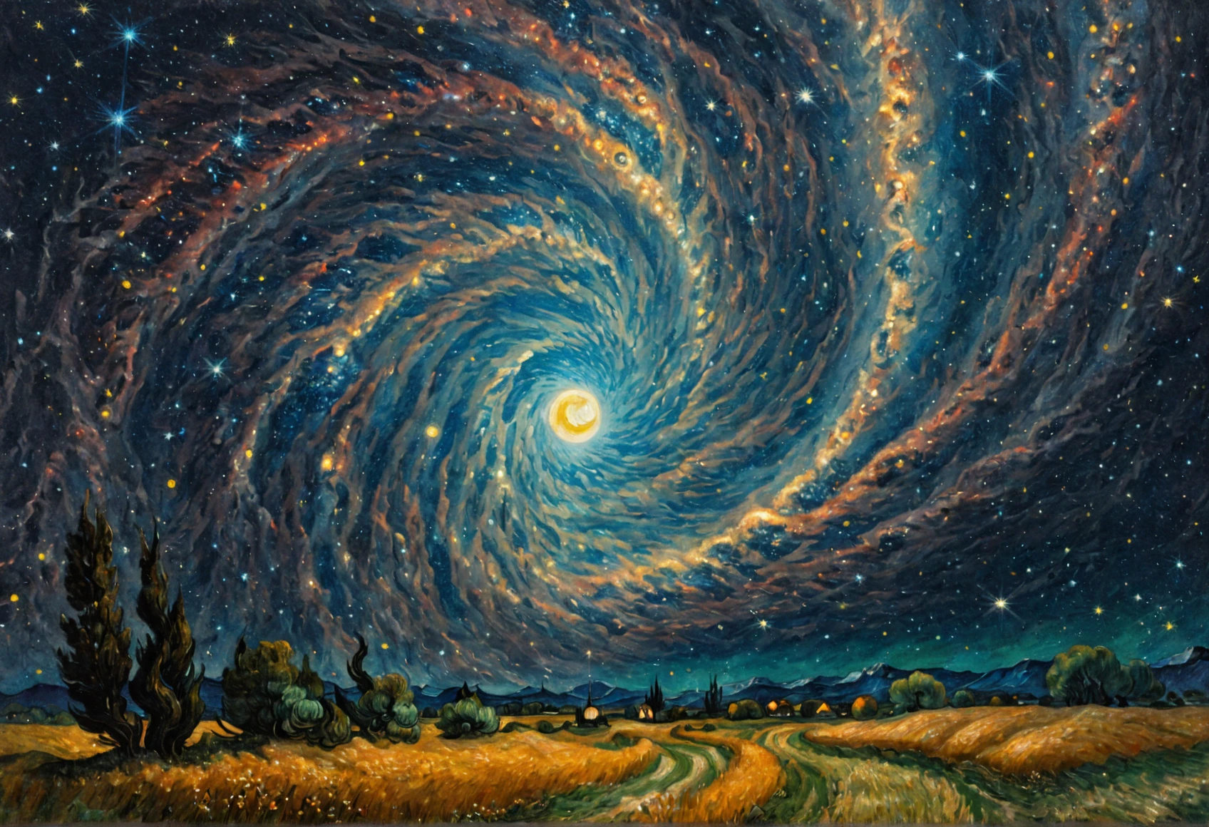 Colorful vincent van gogh starry night sky :: cinematic 16k resolution masterpiece illustration painting consisting of oil, watercolors and ink :: spiral galaxy in the sky :: frisco watercolors and oil sky raining shooting stars twinkling stars glistening stars glittery stars large full moon stars :: Ivan Aivazovsky Kentaro Miura Gustave Doré Greg Rutkowski romantic naturalism starry night landscape :: intricate motifs perfect composition masterpiece insanely-detailed extreme-detailed hyper-detailed beautiful volumetric deep rich colors volumetric lighting shadows Ray tracing smooth perfect texture :: james webb space telescope
<lora:James_Webb_Space_Telescope:1>