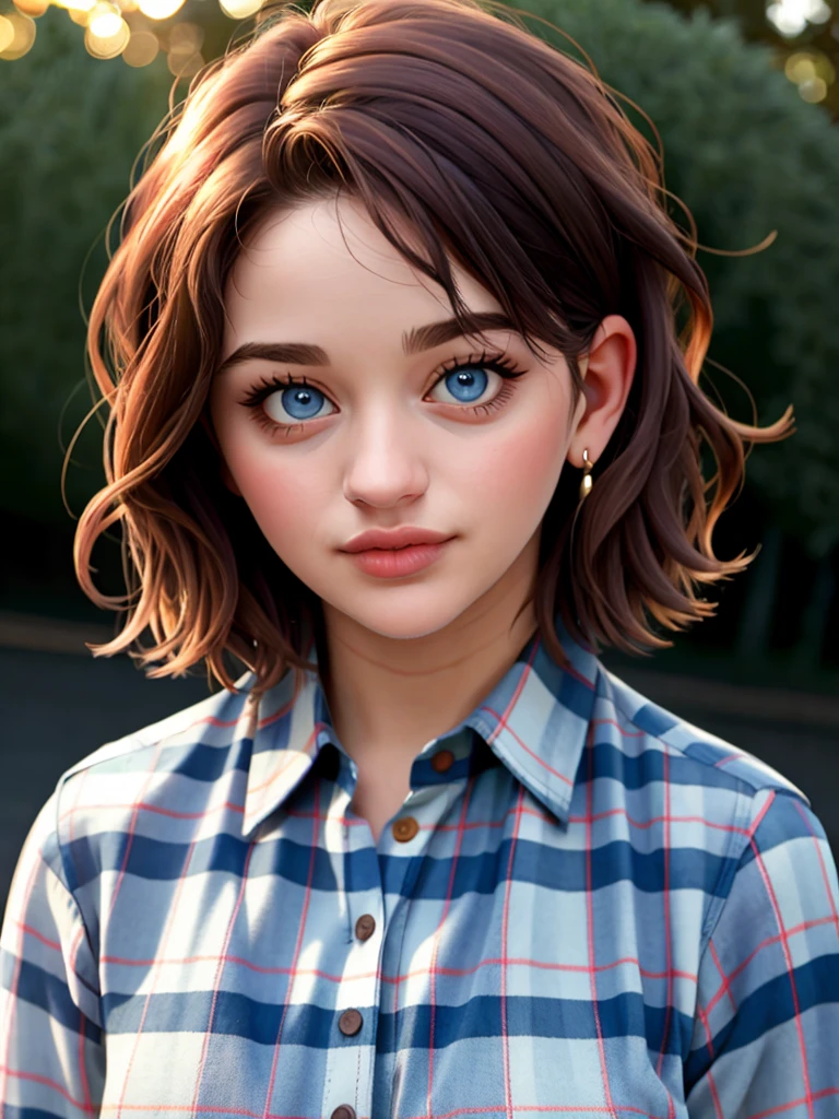A beautiful j03yk woman,1girl,solo,looking at viewer,short hair,blue eyes,simple background,brown hair,shirt,white background,lips,plaid,blue shirt,portrait,realistic,nose,plaid shirt,soft lighting, professional Photography, Photorealistic, detailed, RAW, analog, sharp focus, 8k, HD, high quality, masterpiece<lora:j03yk:1.0>