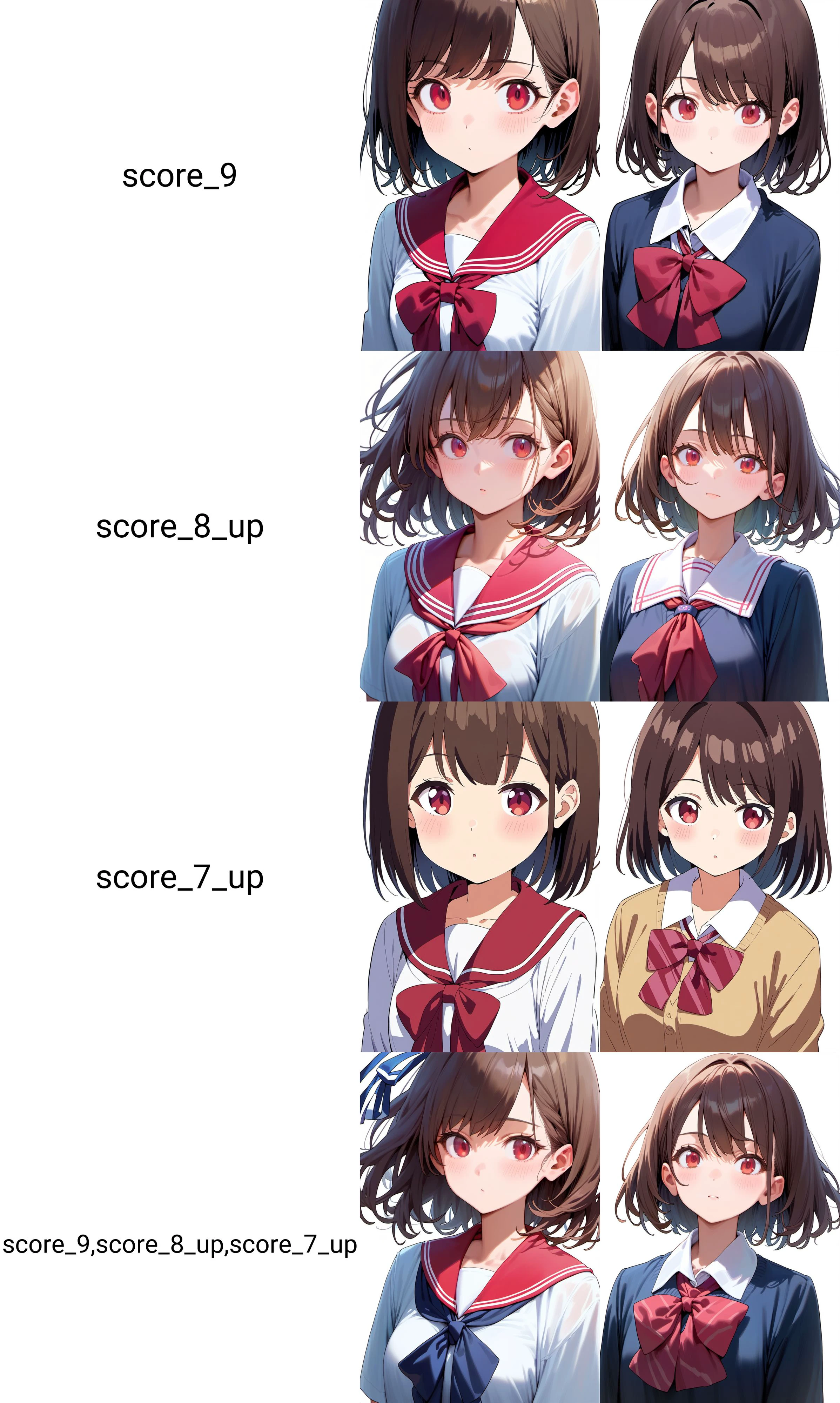 score_9, 1girl, solo, brown hair, red eyes, school uniform, upper body, white background