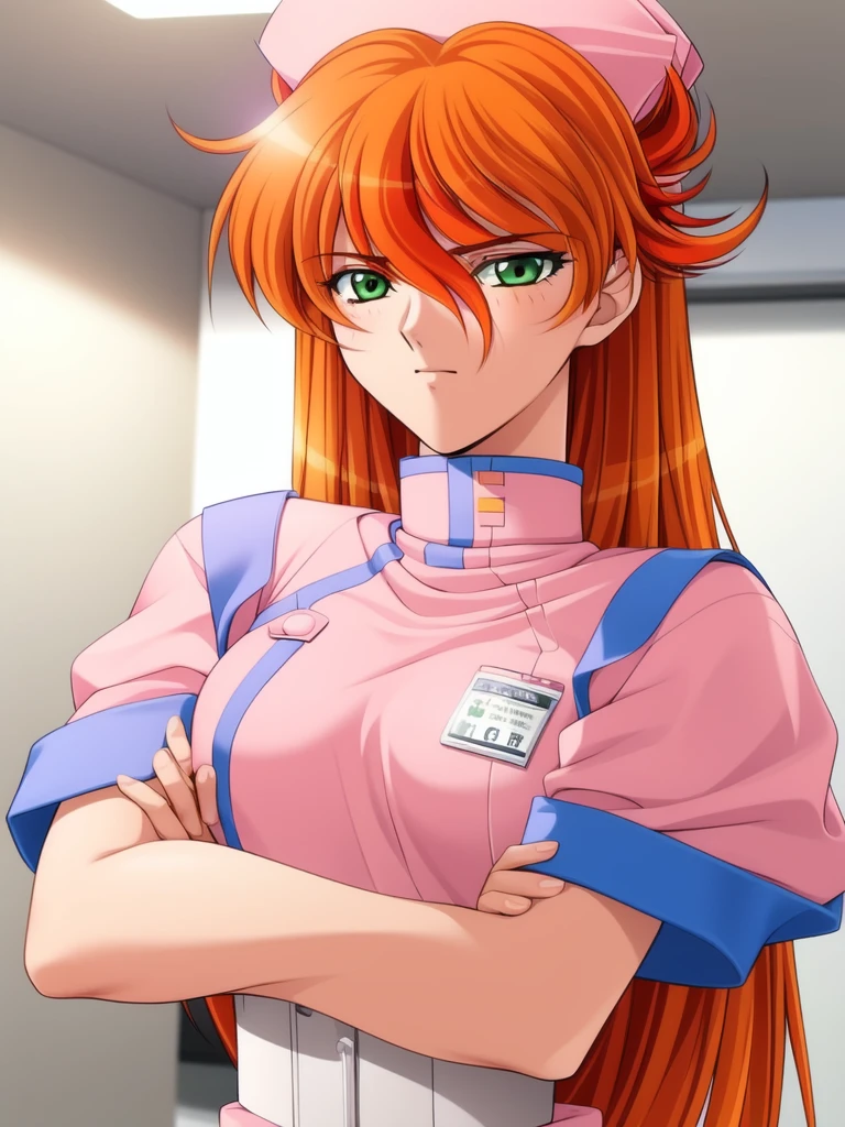 <lora:Nogiwa_Miho:1>, NogiwaMiho, 1girl, solo, nurse, green eyes, crossed arms, hat, orange hair, long hair, name tag, nurse cap, hospital_in_the_room,
masterpiece, high quality, very_high_resolution, large_filesize, full color,