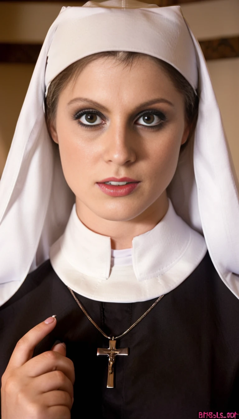 cinematic film still alexmae as a nun <lora:alexmae:1> . shallow depth of field, vignette, highly detailed, high budget, bokeh, cinemascope, moody, epic, gorgeous, film grain, grainy