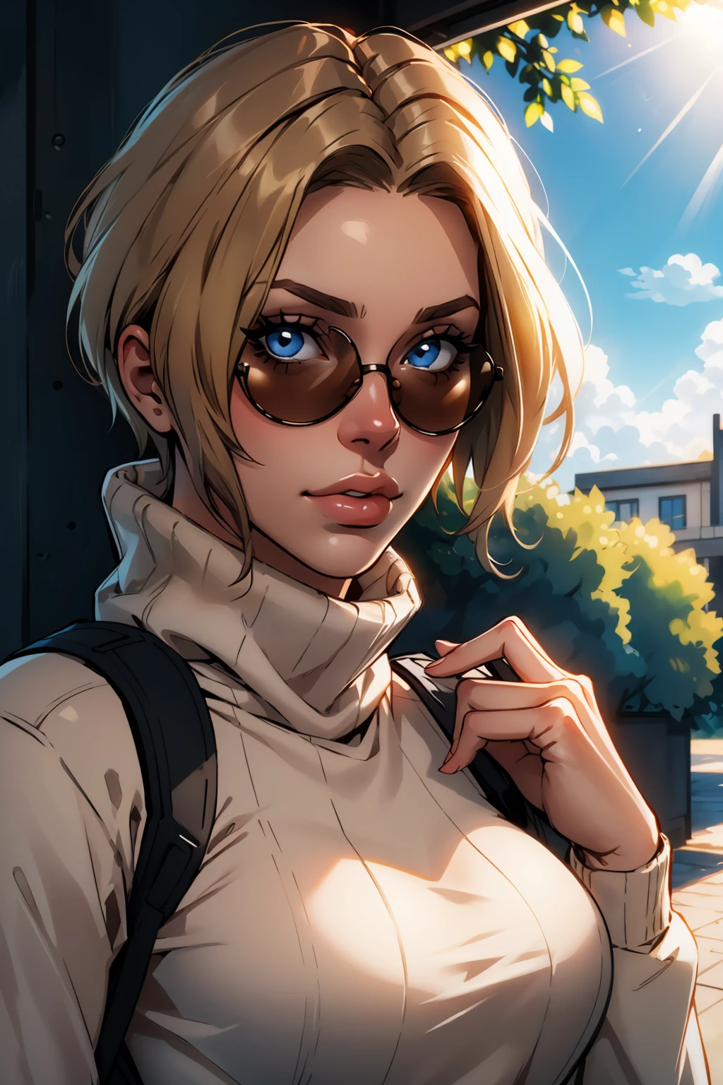 masterpiece, best quality, 1girl, solo, looking at viewer, <lora:iqr6-guy-v2:.9>, iqr6, outdoors, turtleneck sweater, sunglasses, portrait, sunlight, depth of field,
