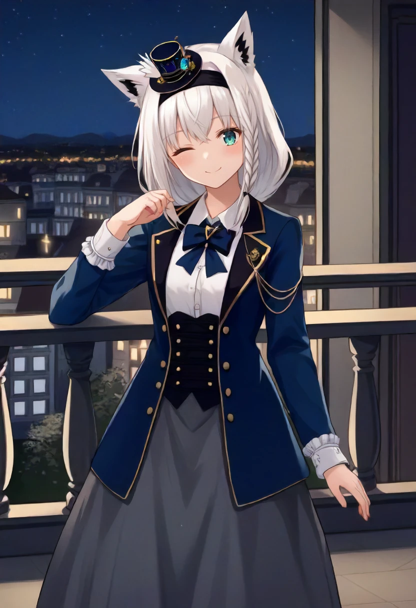 score_9 BREAK source_anime, 1girl, balcony, night, cowboy shot, fubukielegant, braided ponytail, blue coat, blue bowtie, buttoned corset, collared shirt, long skirt, grey skirt, frills, white pantyhose, mini hat, top hat, hairband, white hair, light smile, one eye closed<lora:fubukiXL-07:0.9>