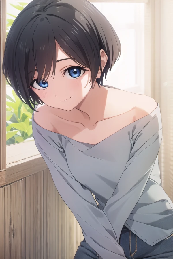 yuwaakebi, <lora:yuwa akebi s1-lora-nochekaiser:1>,
yuwa akebi, short hair, blue eyes, black hair, smile,
BREAK shirt, collarbone, grey shirt, long sleeves, pants, denim,
BREAK indoors,
BREAK looking at viewer, (cowboy shot:1.5),
BREAK <lyco:GoodHands-beta2:1>, (masterpiece:1.2), best quality, high resolution, unity 8k wallpaper, (illustration:0.8), (beautiful detailed eyes:1.6), extremely detailed face, perfect lighting, extremely detailed CG, (perfect hands, perfect anatomy),