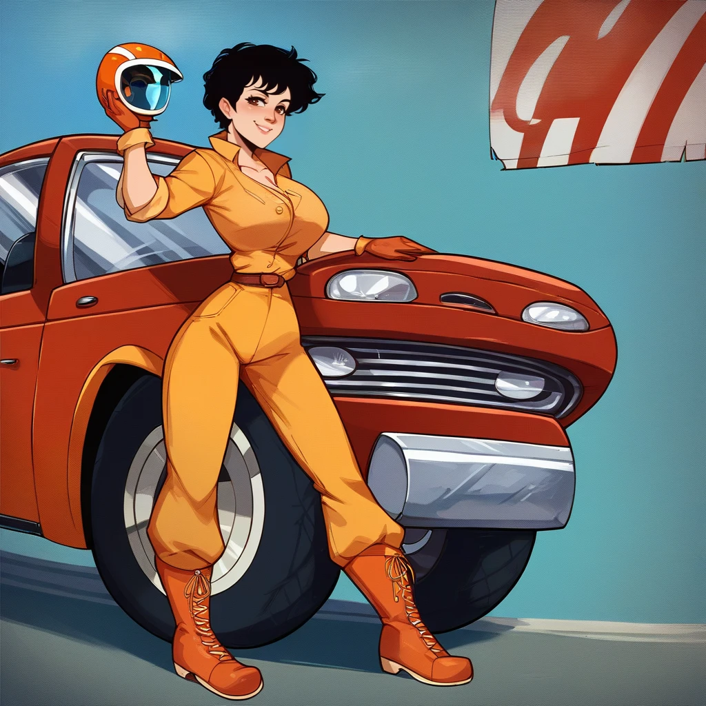 score_9, score_8_up, score_7_up, score_6_up, score_5_up, score_4_up, a girl standing by a car smiling,  tessdarrett, large breasts, pole_position, short hair, black hair, brown eyes, <lora:TessDarrett_XL:1> , holding a helmet, solo, shirt, jeans, vest, scarf