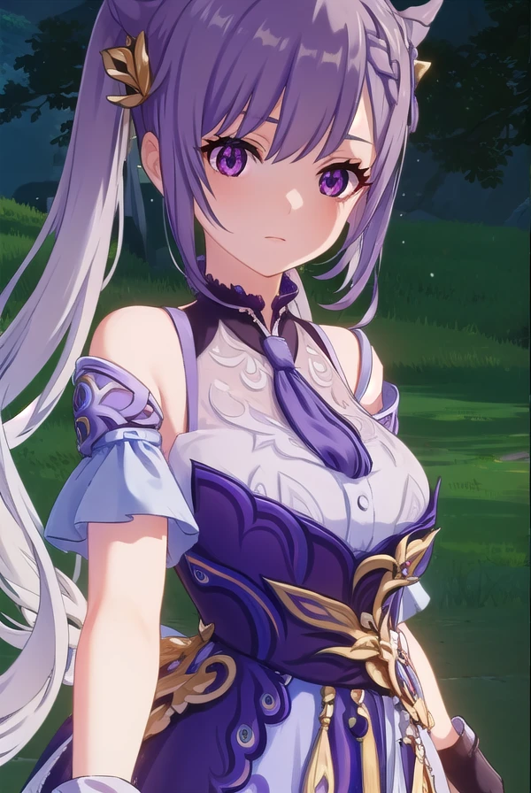 keqing, <lora:genshin keqing ingame-lora-nochekaiser:1>,
keqing, long hair, bangs, hair ornament, twintails, (purple eyes:1.1), purple hair, braid, hair bun, double bun, cone hair bun,
BREAK gloves, dress, bare shoulders, detached sleeves, choker, purple dress, purple gloves,
BREAK outdoors,
BREAK looking at viewer, (cowboy shot:1.5),
BREAK <lyco:GoodHands-beta2:1>, (masterpiece:1.2), best quality, high resolution, unity 8k wallpaper, (illustration:0.8), (beautiful detailed eyes:1.6), extremely detailed face, perfect lighting, extremely detailed CG, (perfect hands, perfect anatomy),