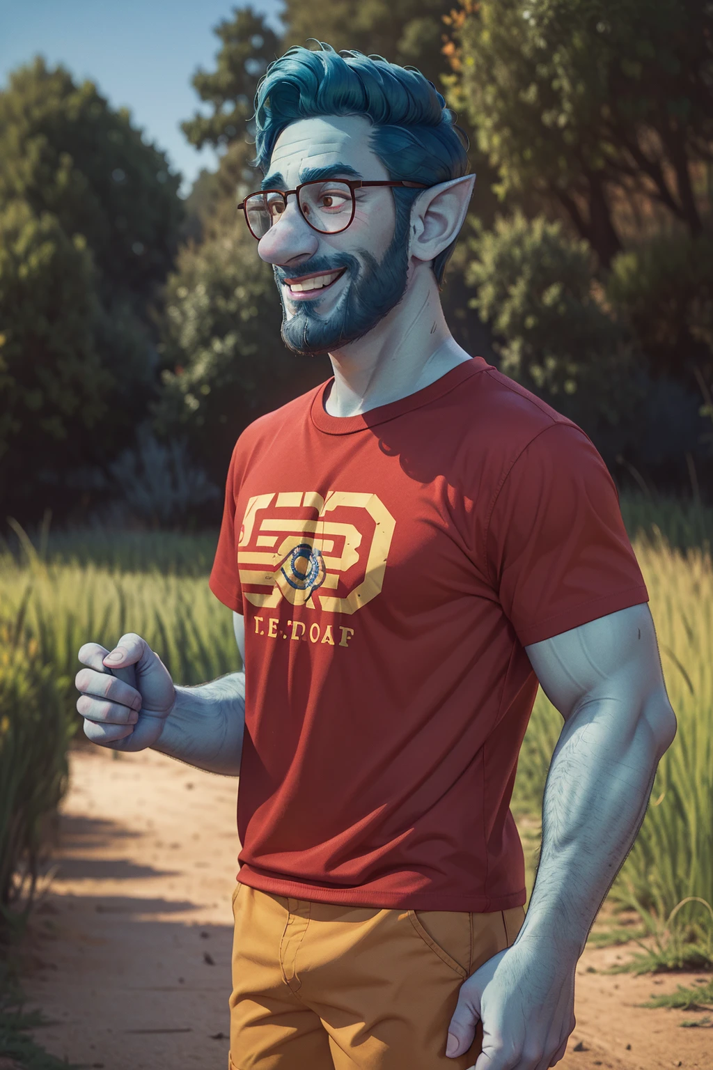 (1 image only),  solo male,  Wilden Lightfoot,  Pixar Animation Onward,  blue skin,  dark blue hair,  short hair,  brown eyes,  thick eyebrows,  pointy ears,  facial hair,  beard,  black-framed-glasses,  (red t-shirt:1.2),  khaki shorts,  mature,  bara,  dilf,  handsome,  charming,  alluring,  smile,  standing,  upper body,  perfect anatomy,  perfect proportions,  (best quality,  masterpiece),  (perfect eyes,  perfect eye pupil),  perfect hands,  high_resolution,  dutch angle,  cowboy shot,  green field,<lora:EMS-300322-EMS:0.700000>