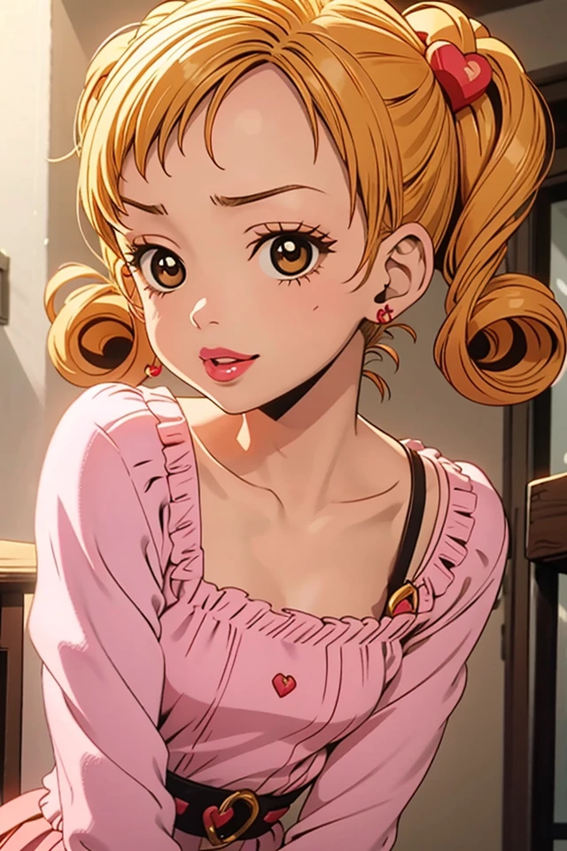 Mikako_Kouda, 1girl,baby bangs,blunt bangs,pixie bangs,blonde hair,brown eyes,curly hair,earrings,eyelashes,hairclip,heart hair ornament,makeup,pouty lips,red lips,smile,solo,twintails