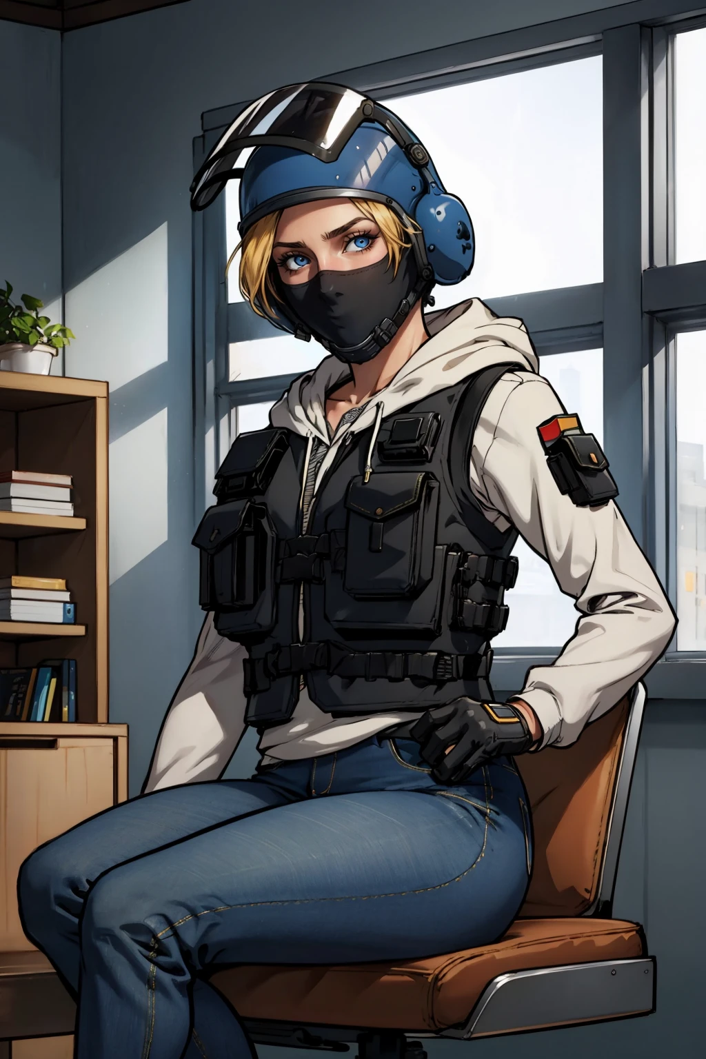 masterpiece, best quality, 1girl, solo, looking at viewer, <lora:iqr6-guy-v2:1>, iqr6, mask, helmet, face shield, vest, bulletproof vest, gloves, hoodie, long sleeves, jeans, holster, sitting, indoors,