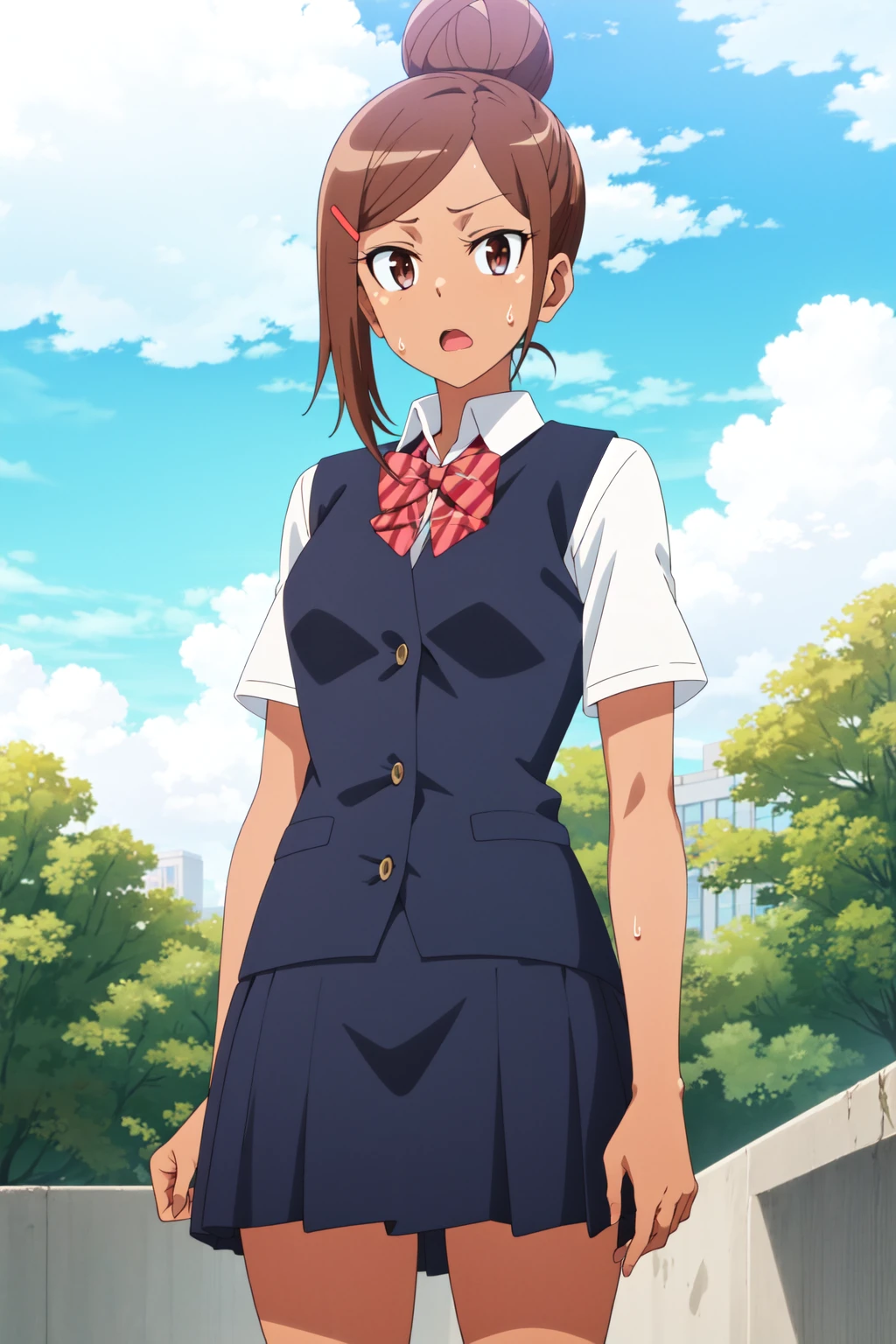 <lora:anime_screencap_v2:0.3> tall body, tall, long legs, mature female, mature, adult, <lora:GoodHands-vanilla:1.4>, simple background
<lora:eft_dumbell_bun:0.7> eft_dumbbell_bun, 1girl, solo, brown hair, brown eyes, school uniform, crossed arms, hair ornament, dark skin, dark-skinned female, hairclip, hair bun, single hair bun, sweatdrop, bow, shirt, looking at viewer, short hair, day, skirt, open mouth, white shirt, outdoors, sky, short sleeves, cloud, tan, upper body, breasts, anime coloring