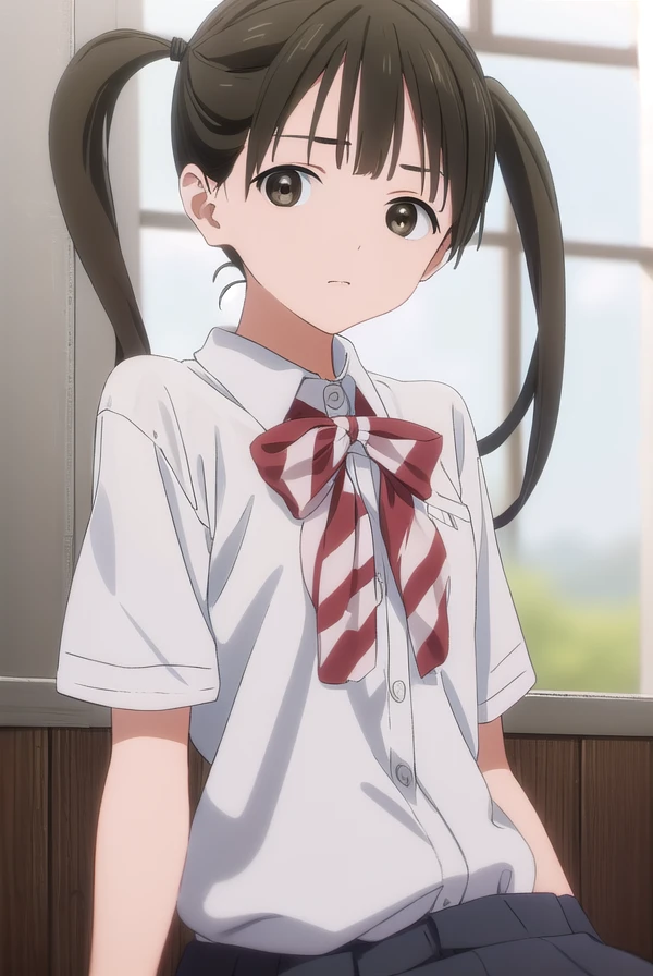 ayumitougeguchi, <lora:ayumi tougeguchi s1-lora-nochekaiser:1>,
ayumi tougeguchi, bangs, black hair, twintails, (brown eyes:1.5),
BREAK shirt, bow, school uniform, jacket, white shirt, striped, collared shirt, bowtie, red bow, black jacket, blazer,
BREAK indoors, classroom,
BREAK looking at viewer, (cowboy shot:1.5),
BREAK <lyco:GoodHands-beta2:1>, (masterpiece:1.2), best quality, high resolution, unity 8k wallpaper, (illustration:0.8), (beautiful detailed eyes:1.6), extremely detailed face, perfect lighting, extremely detailed CG, (perfect hands, perfect anatomy),