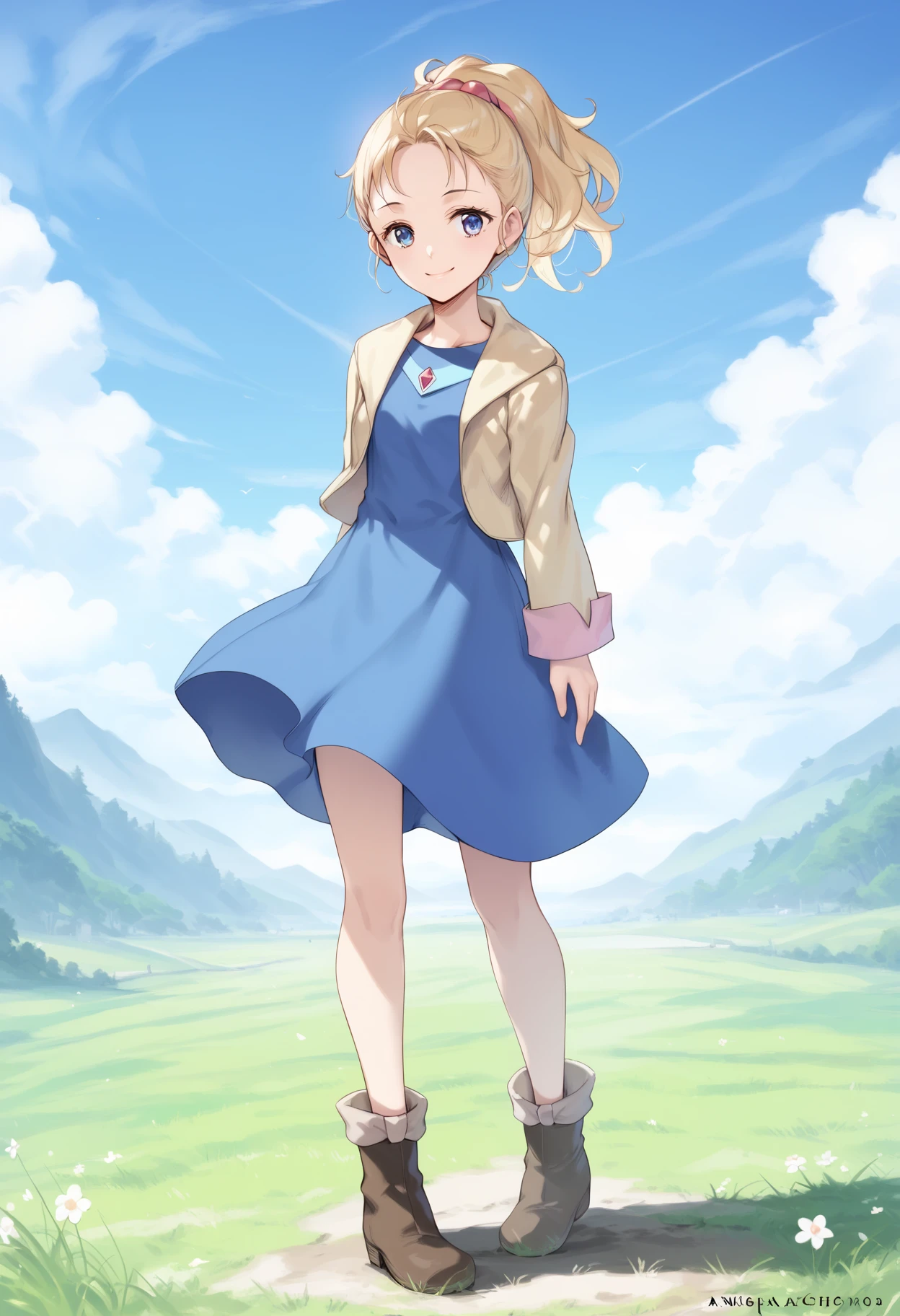 score_9, score_8_up, source_anime, masterpiece, best quality, 1girl,<lora:krile ff5PonyXL:0.8>,krile ff5,blue eyes,jacket,blue dress,boots,full body,standing,smile,grass,blue sky