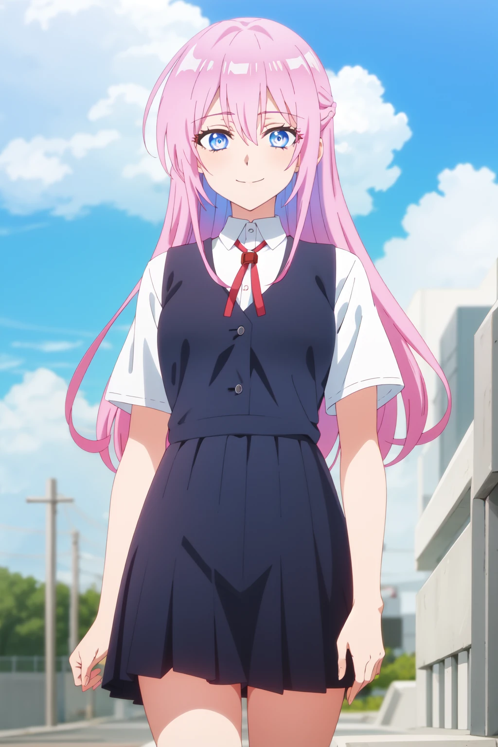<lora:anime_screencap_v2:0.3> tall body, tall, long legs, mature female, mature, adult, <lora:GoodHands-vanilla:1.4>, simple background
<lora:eft_shikimori:0.7> eft_shikimori, 1girl, blue eyes, pink hair, shirt, smile, looking at viewer, outdoors, solo, cloud, white shirt, long hair, sky, upper body, short sleeves, red ribbon, day, ribbon, bangs, hair between eyes, school uniform, blue sky, collared shirt, closed mouth, neck ribbon, blurry, blurry background, sidelocks, skirt