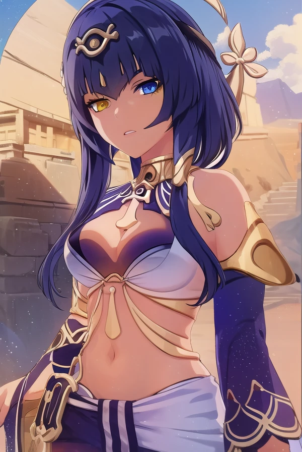 genshincandace, <lora:genshin candace ingame-lora-nochekaiser:1>,
candace, bangs, blue eyes, hair ornament, blue hair, (yellow eyes:1.3), sidelocks, dark skin, dark-skinned female, (heterochromia:1.5), short hair with long locks, eye of horus,
BREAK navel, jewelry, detached sleeves, nail polish, egyptian clothes,
BREAK outdoors,
BREAK looking at viewer, (cowboy shot:1.5),
BREAK <lyco:GoodHands-beta2:1>, (masterpiece:1.2), best quality, high resolution, unity 8k wallpaper, (illustration:0.8), (beautiful detailed eyes:1.6), extremely detailed face, perfect lighting, extremely detailed CG, (perfect hands, perfect anatomy),