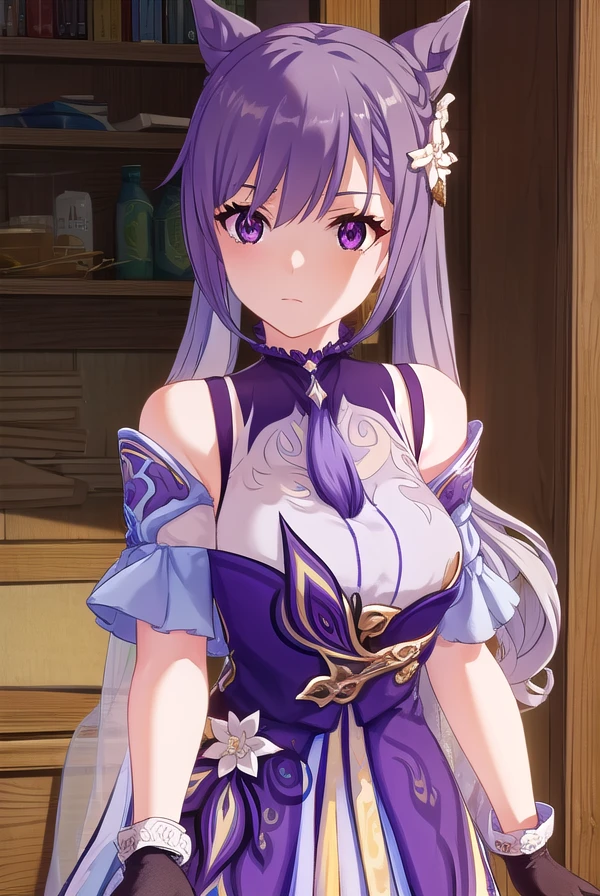 keqing, <lora:genshin keqing ingame-lora-nochekaiser:1>,
keqing, long hair, bangs, hair ornament, twintails, (purple eyes:1.1), purple hair, braid, hair bun, double bun, cone hair bun,
BREAK gloves, dress, bare shoulders, detached sleeves, choker, purple dress, purple gloves,
BREAK outdoors,
BREAK looking at viewer, (cowboy shot:1.5),
BREAK <lyco:GoodHands-beta2:1>, (masterpiece:1.2), best quality, high resolution, unity 8k wallpaper, (illustration:0.8), (beautiful detailed eyes:1.6), extremely detailed face, perfect lighting, extremely detailed CG, (perfect hands, perfect anatomy),