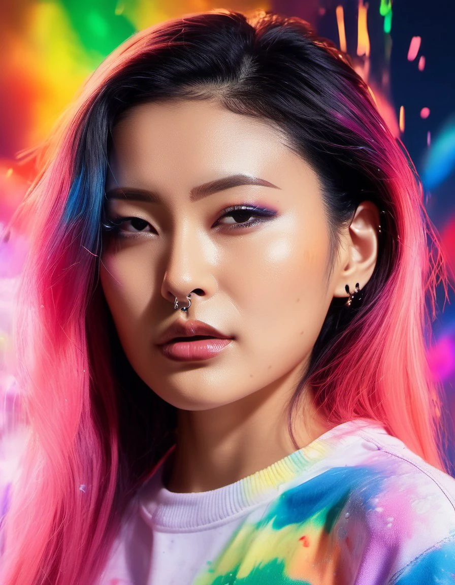<lora:Rae Lil Black:1.0>, close, face focus, photo of (r4l1bps woman), snapshot aesthetic, dramatic lighting, color cannon explosion, paint on body, rainbow colored sweater, splash, particles, dynamic background,, (masterpiece, best quality, ultra-detailed, best shadow), high contrast, (best illumination), ((cinematic light)), colorful, hyper detail,